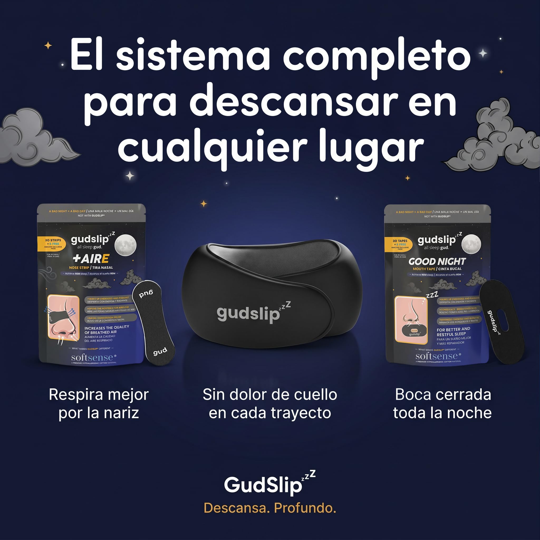 GudSlip® Almohada de Viaje Cuello | Cojín Cervical Viscoelástico 360° Ajustable | Funda Modal Lavable | Compatible con Auriculares | Avión, Tren, Coche