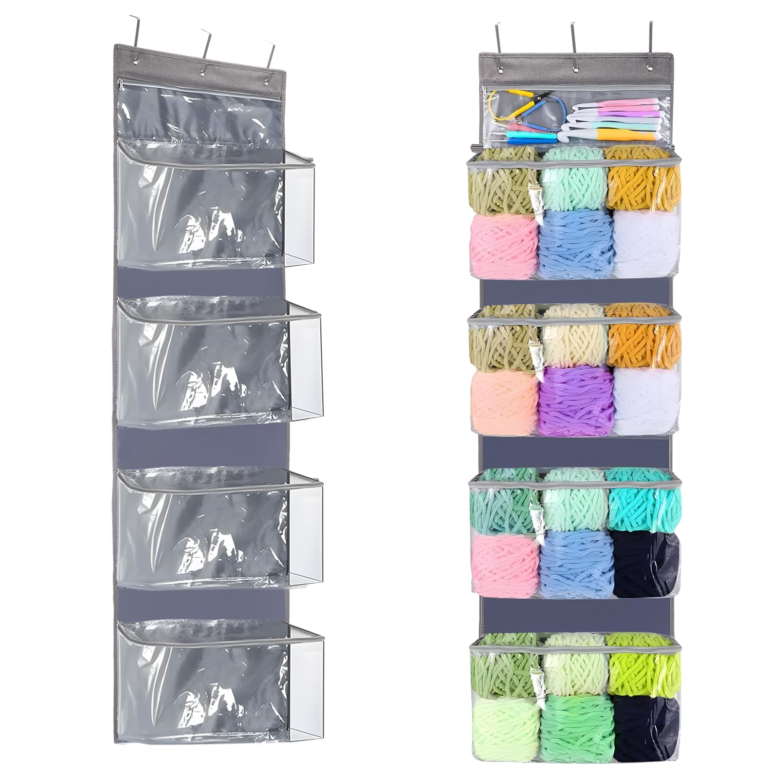 Tür hängende Wolle Aufbewahrung, Hängeorganizer Tür mit 5 durchsichtigen Kunststofftaschen & 3 großen Metallhaken für Stricknadeln,Hängender Garn-Organizer für Stricknadeln, Häkelnadeln, Nähkugeln
