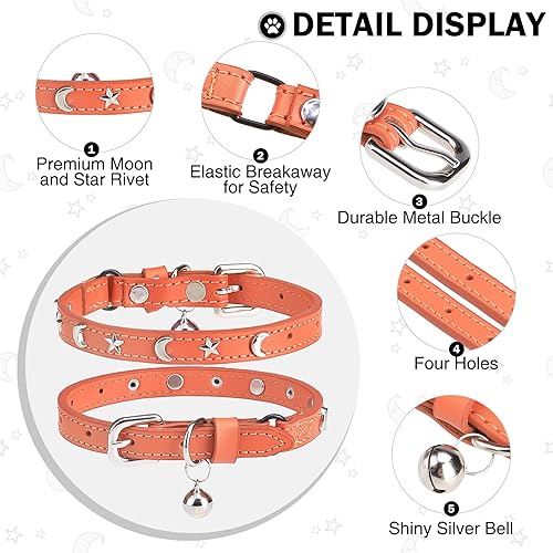 Miniatura 2 de Collares de cuero para gatos con campana y cinturón elástico de seguridad, collar de hebilla ajustable de estrella y luna personalizado para gatos