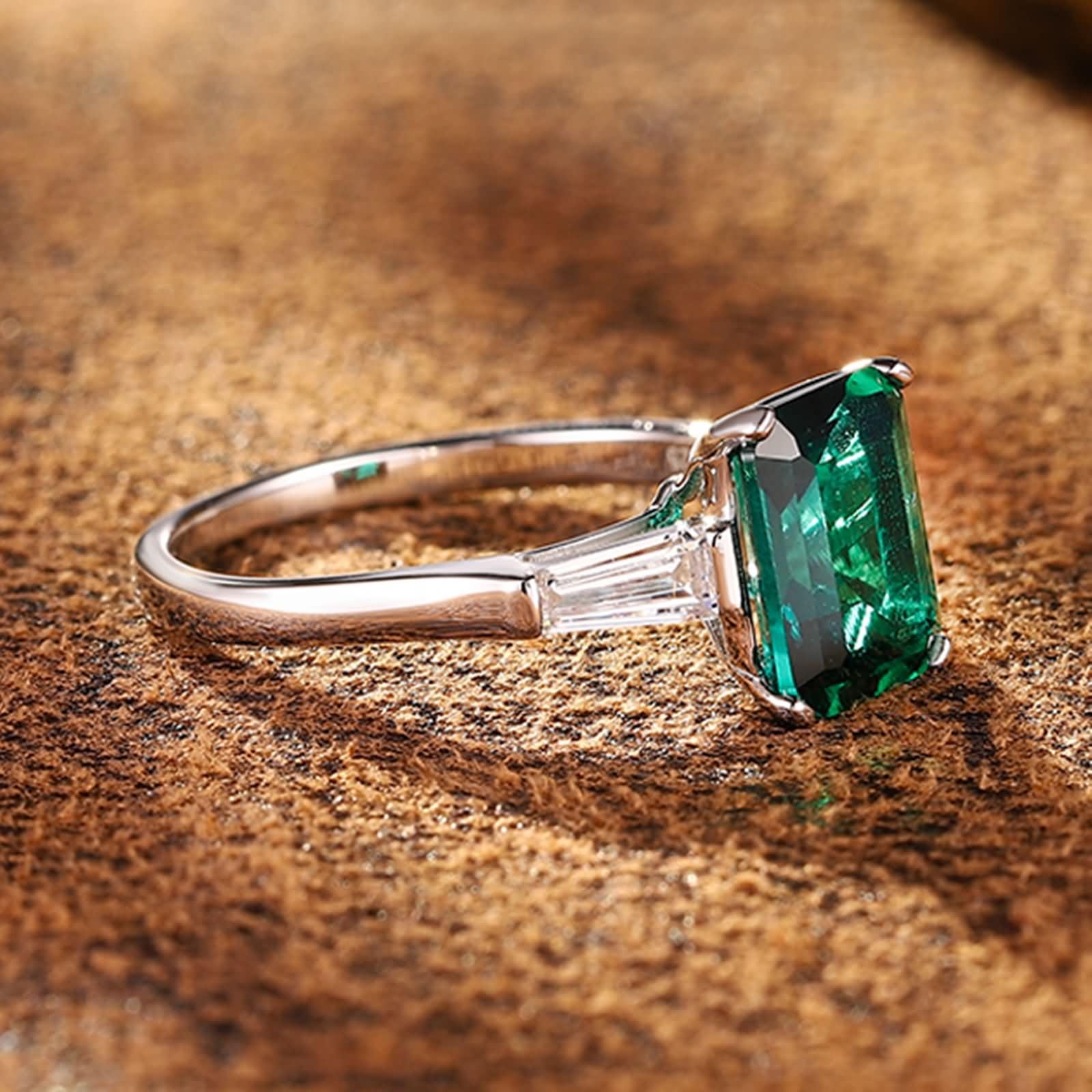 Anillos Boda de Oro Amarillo 9K / 14K / 18K para Parejas, Redondo Pulido y Rectángulo con Esmeralda de 0,5 ct y Moissanita, Anillos de Promesa Oro Verde Mujer Hombre