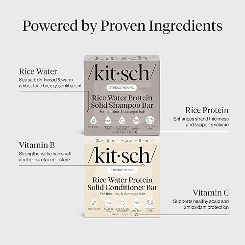 Miniatura 5 de Kitsch Champú y acondicionador sólido de proteína de agua de arroz para el crecimiento del cabello – Dúo fortalecedor del cuidado del cabello con