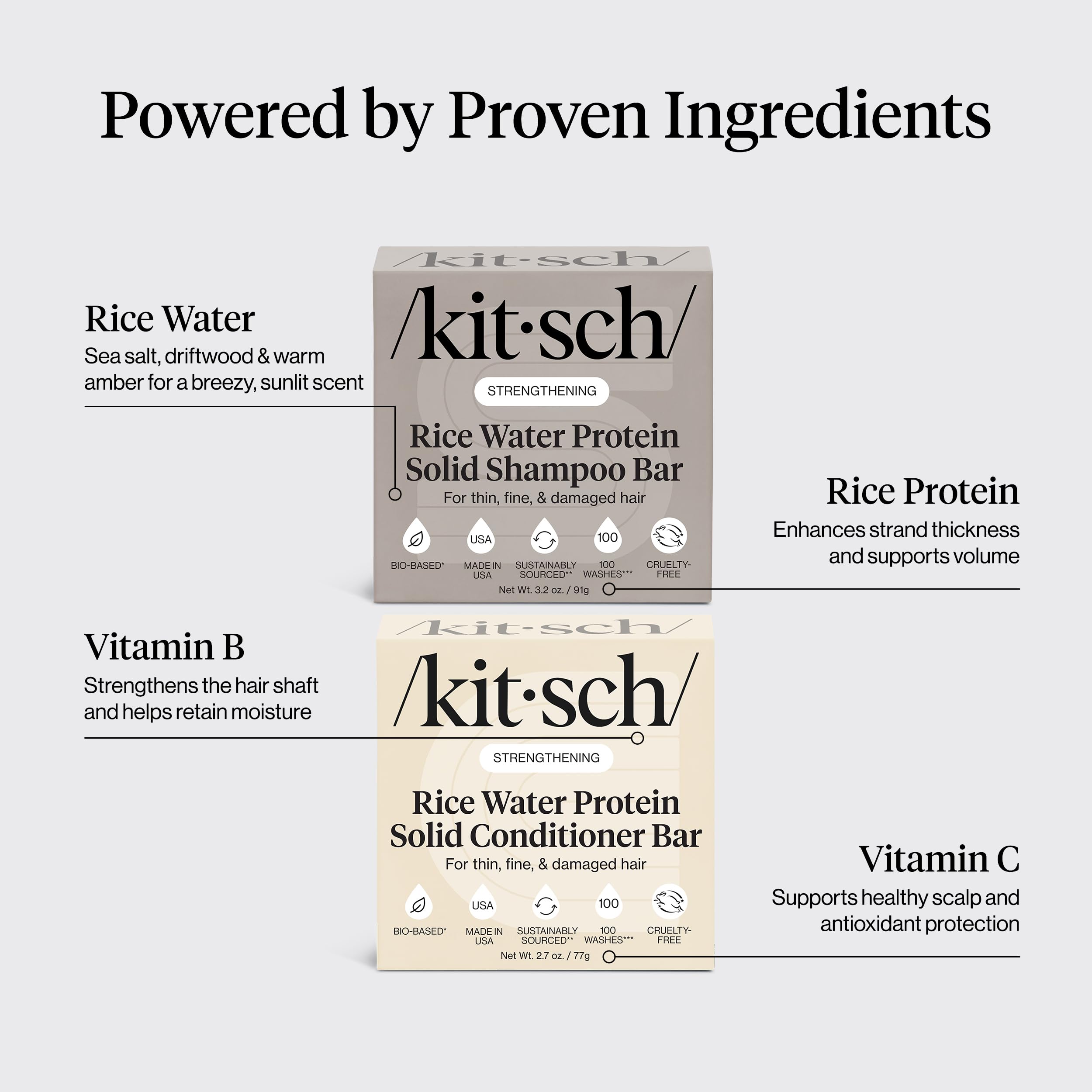 Kitsch Rice Water Protein Solid Shampoo and Conditioner Set for Hair Growth – Strengthening Hair Care Duo w/Rice Protein & Vitamins for Damage Repair – Paraben, Sulfate & Silicone Free, Made in USA