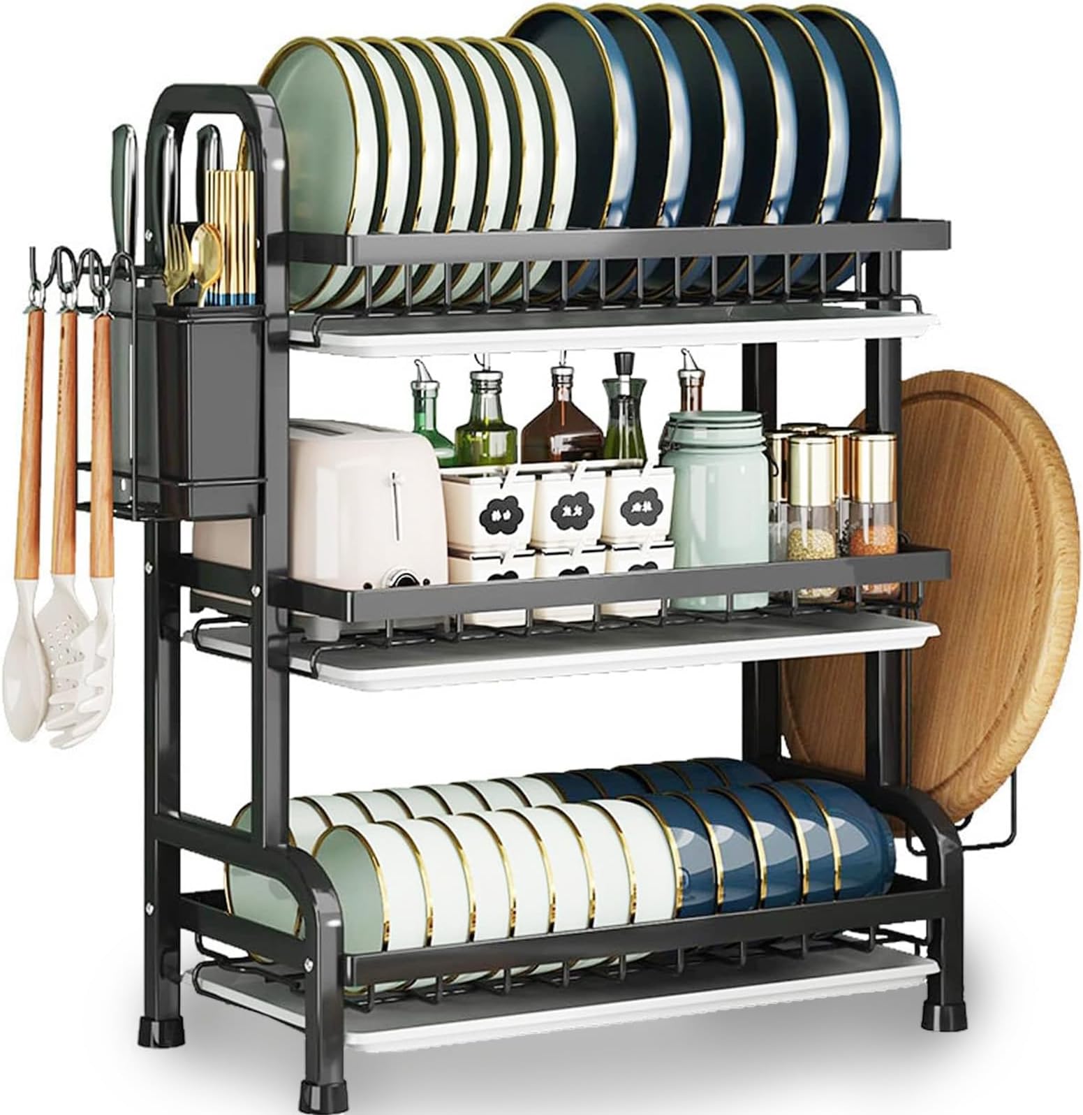 YumLock Dish Drying Rack for Kitchen Counter - 3 Tier Large Capacity Dish Drainer with Drain Board Tray, Utensil Holder, and Cutting Board Holder - Space Saving Over Sink Dish Rack - Stainless Steel