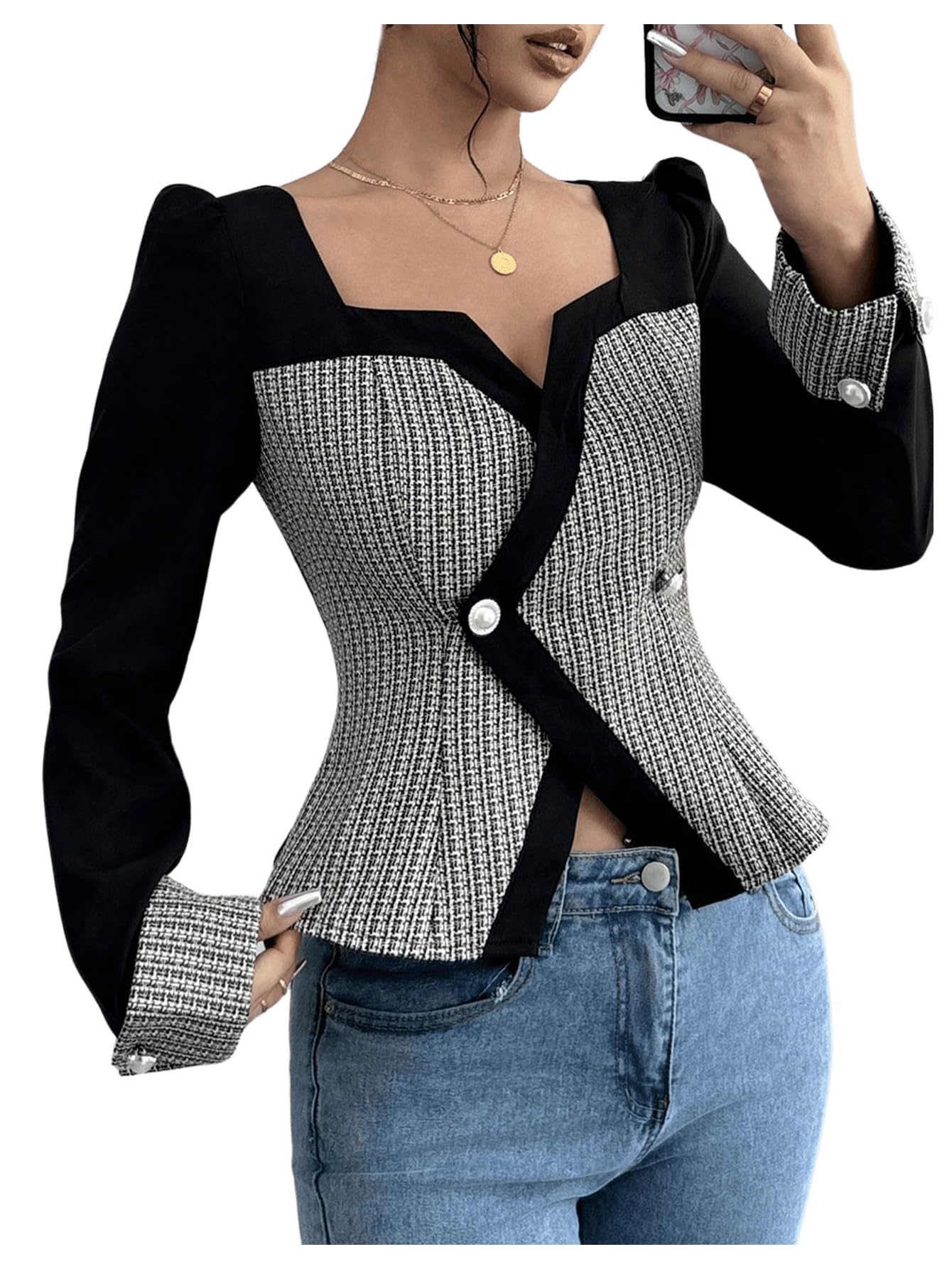 GORGLITTER Womens Color Block Double Breasted Blazer Puff Sleeve Wrap Notch Neck Cardigan
