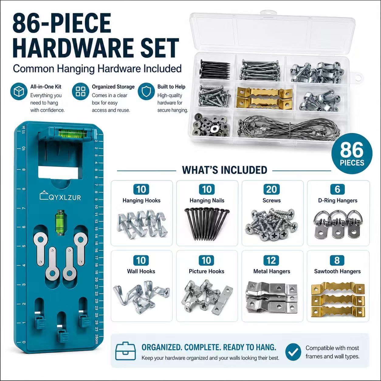 Picture Hanging Tool with Built-in Level, 86-Piece Hanging Hardware Kit | Hang framed photos, artwork & gallery walls more easily on your own—position, level & mark; 86-piece hardware included.