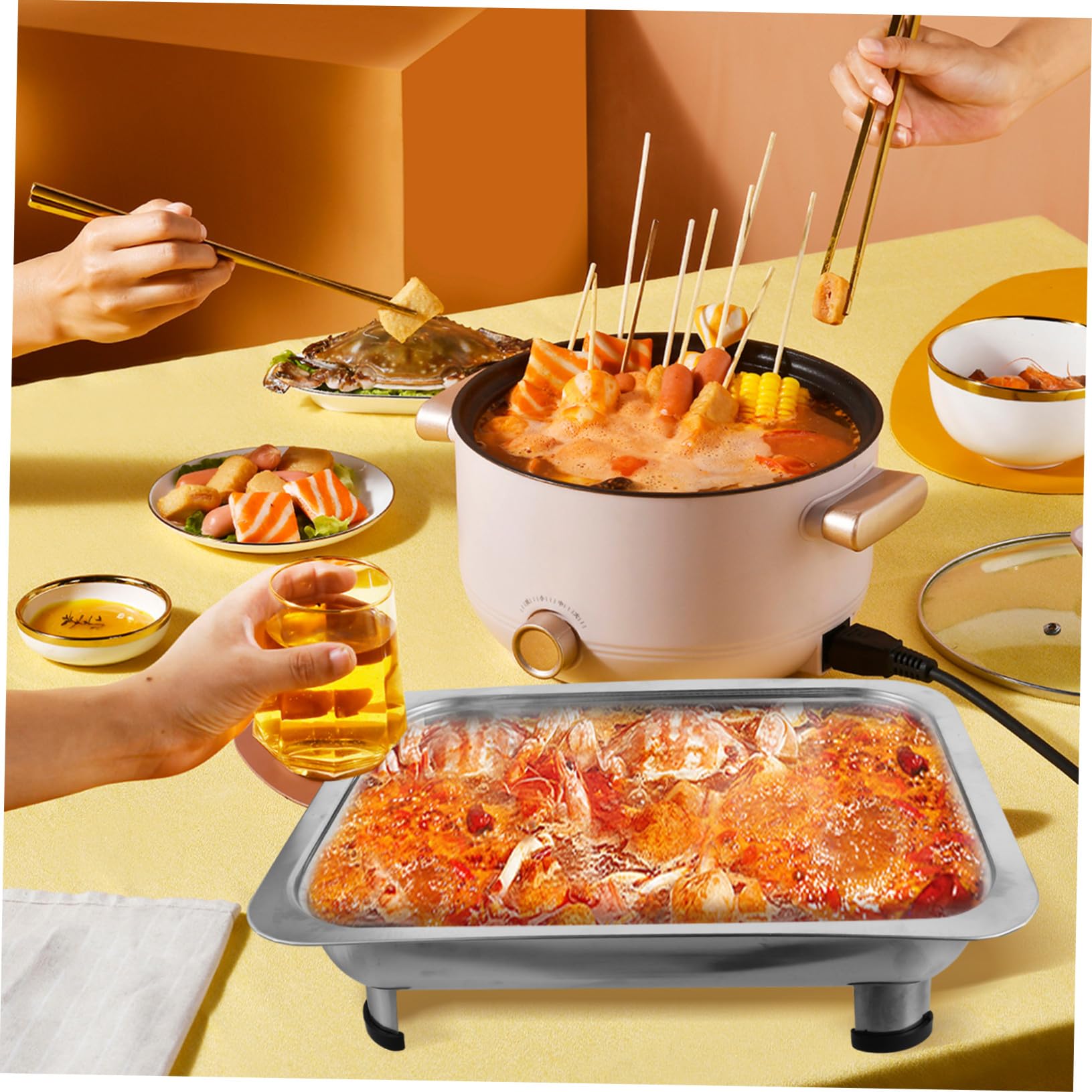 Bandeja para Servir Buffet De Acero Inoxidable 34x28x5 Cm con Tapa De Plástico, Plato Rectangular para Alimentos, Soporte Adecuado para Fiestas y Catering Industrial