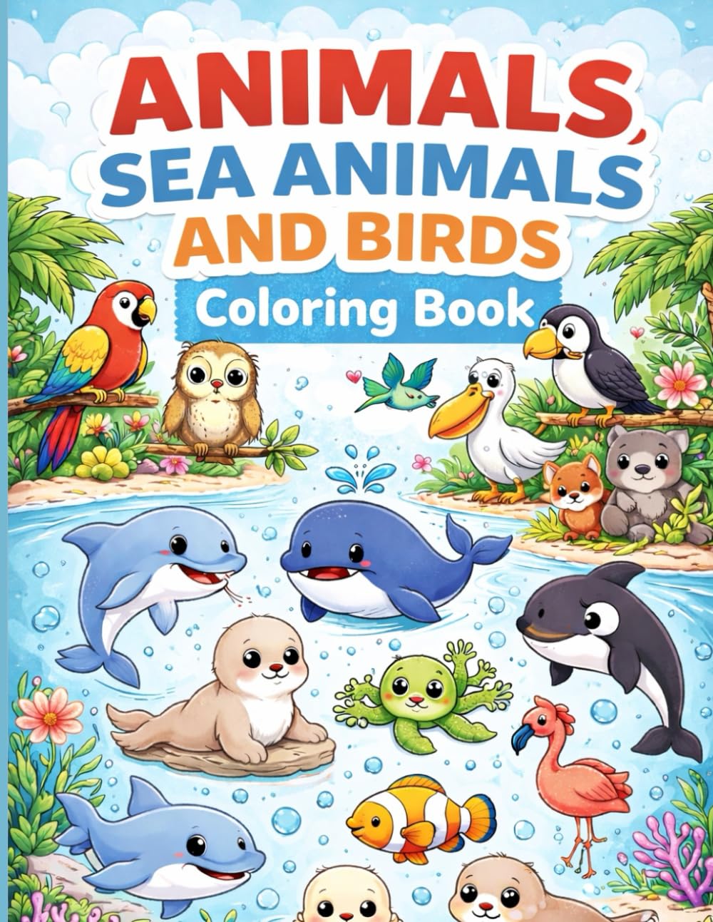 Animal,sea animals and Birds coloring book for kids