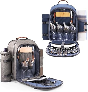 Sunflora Picnic Backpack for 4 Person Set Pack, Insulated Picnic Backpack for 2 Person Bag with Cooler Compartment Navy and Brush Beige