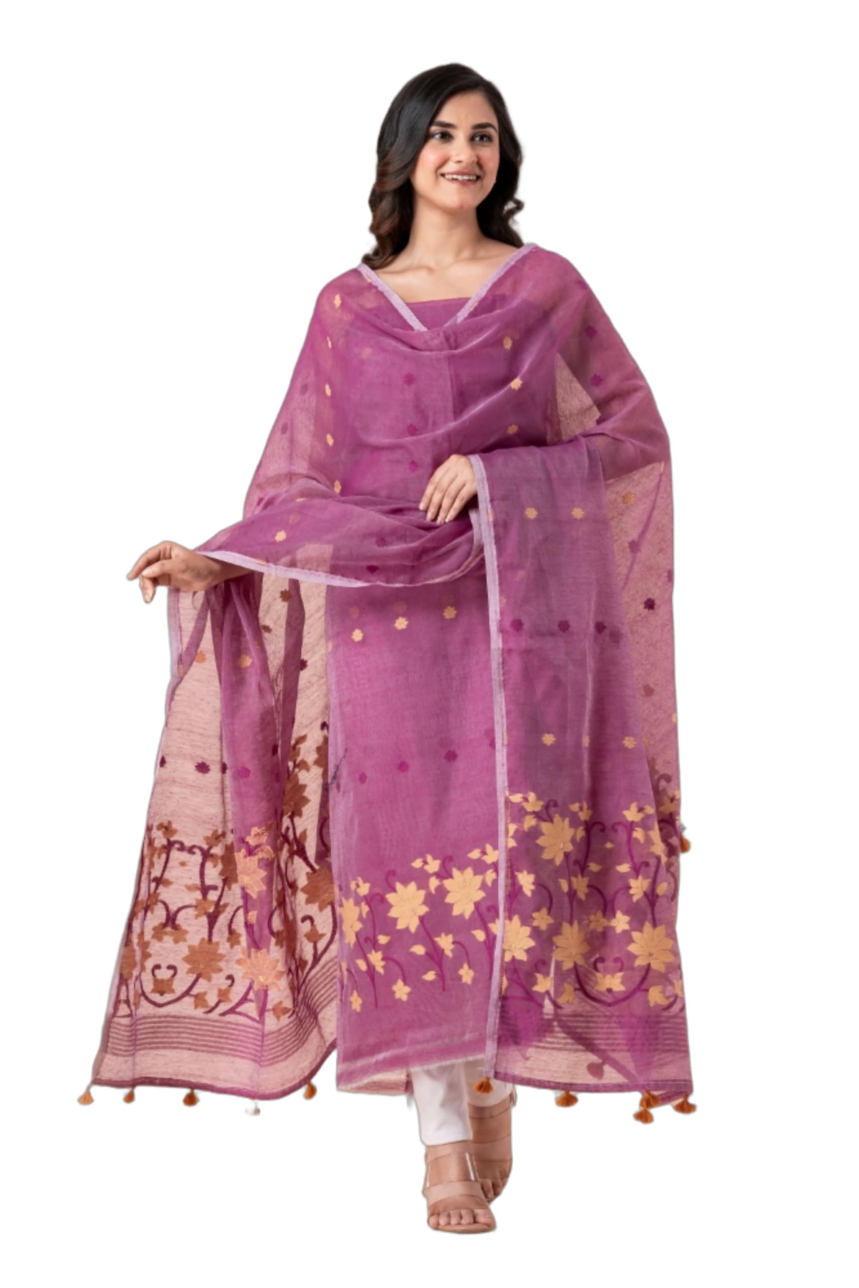 Dhakai Jamdani Unstitched Floral Cotton Kurti & Dupatta-image-0
