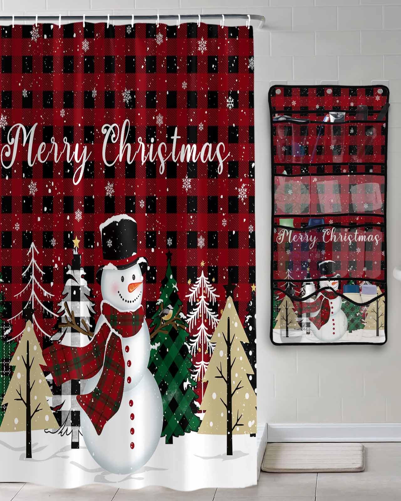 Shower Curtain Mesh Shower Organizer Hanging Set Merry Christmas Snowman Xmas Tree Red Buffalo Plaid Waterproof Shower Curtains