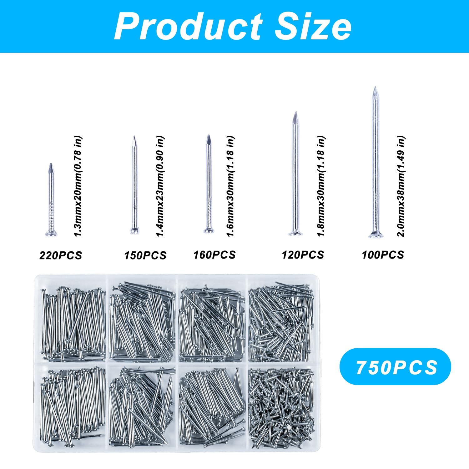 750pcs Masonry Nails for Brick Wall Nails for Hanging Pictures Brick Steel Nails Assortment Kit - Image 2