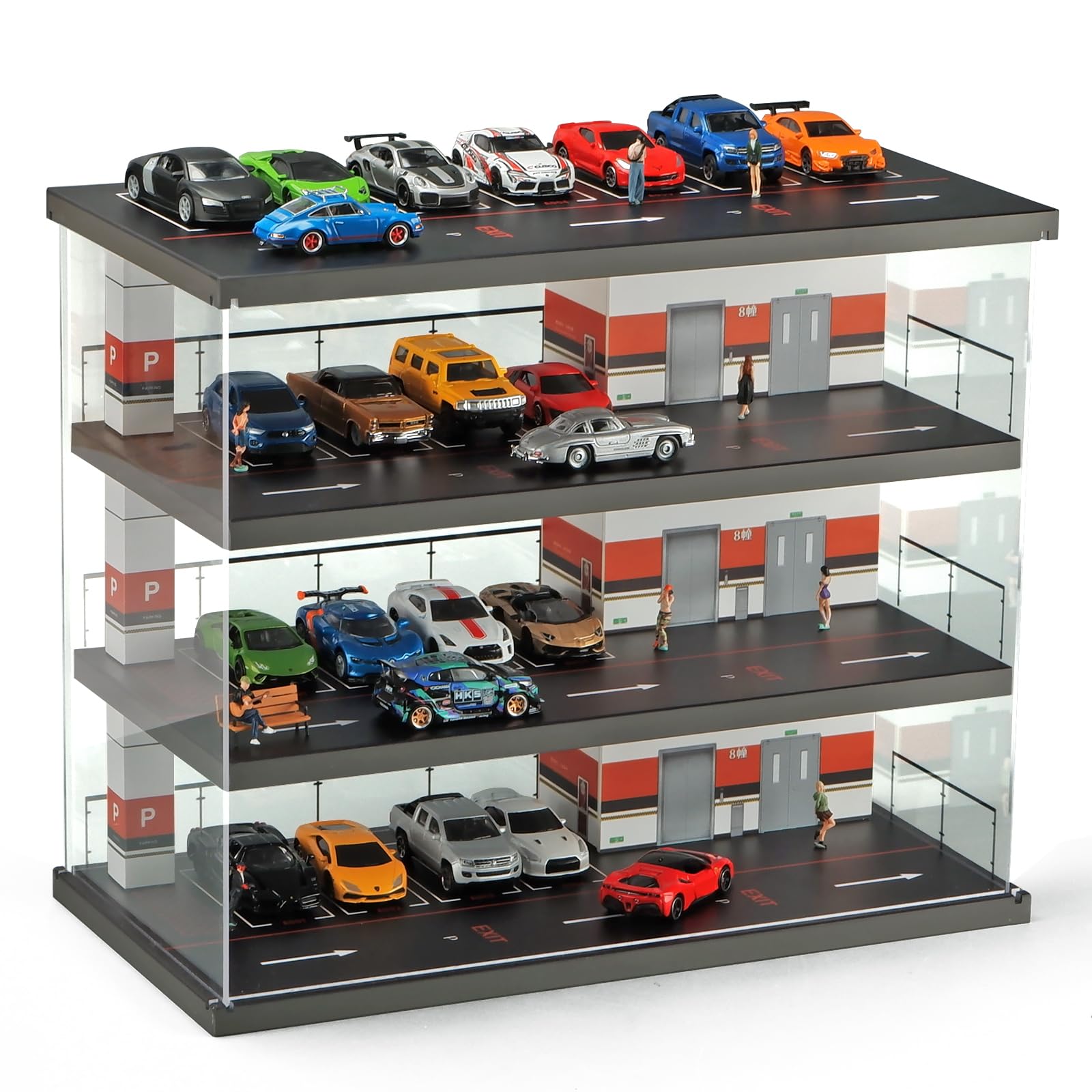 kivcmds Display Case for Hot Wheels & Matchbox Cars,1/64 Scale Diecast Car Diorama Garage Parking Dustproof Storage Shelf with Lights