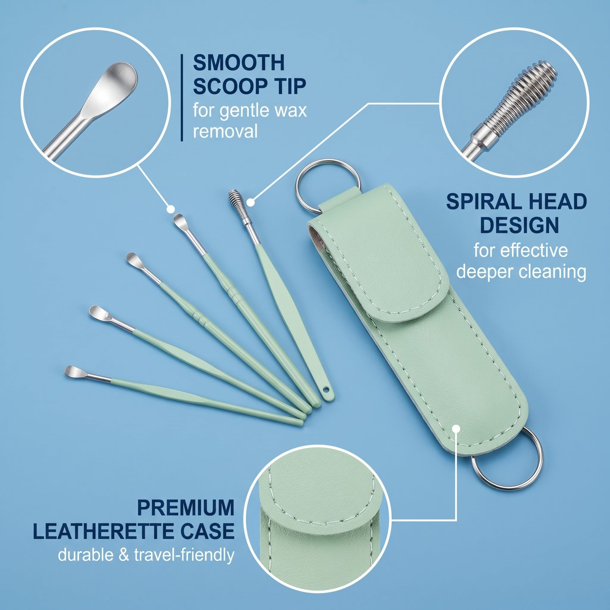 6 Pcs Kit Pulizia Orecchio,Strumenti per Togli Cerume Orecchie Adulti in Acciaio Inox,Pulisci Orecchie,Pulitore Orecchie,Con Custodia Portatile in Pu,Detergente per Orecchie per Adulti Bambini