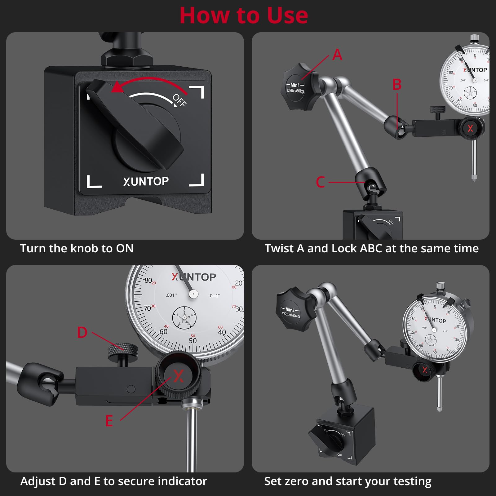 XUNTOP Reloj Comparador 0-20 mm Indicador de Cuadrante con 132lbs/60kg Base Magnetica Indicador de Dial de Alta Precisión de 0,01 mm para Torno Fresadora Ajuste de Herramienta Metrología