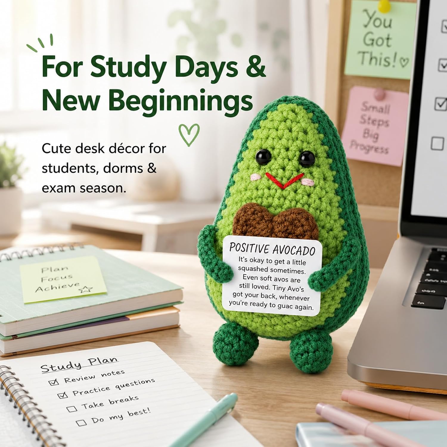 Positive Crochet Avocado Mini Plush, Graduation Gift for Friends Teachers Students, Inspirational Encouragement Gift for Women Men