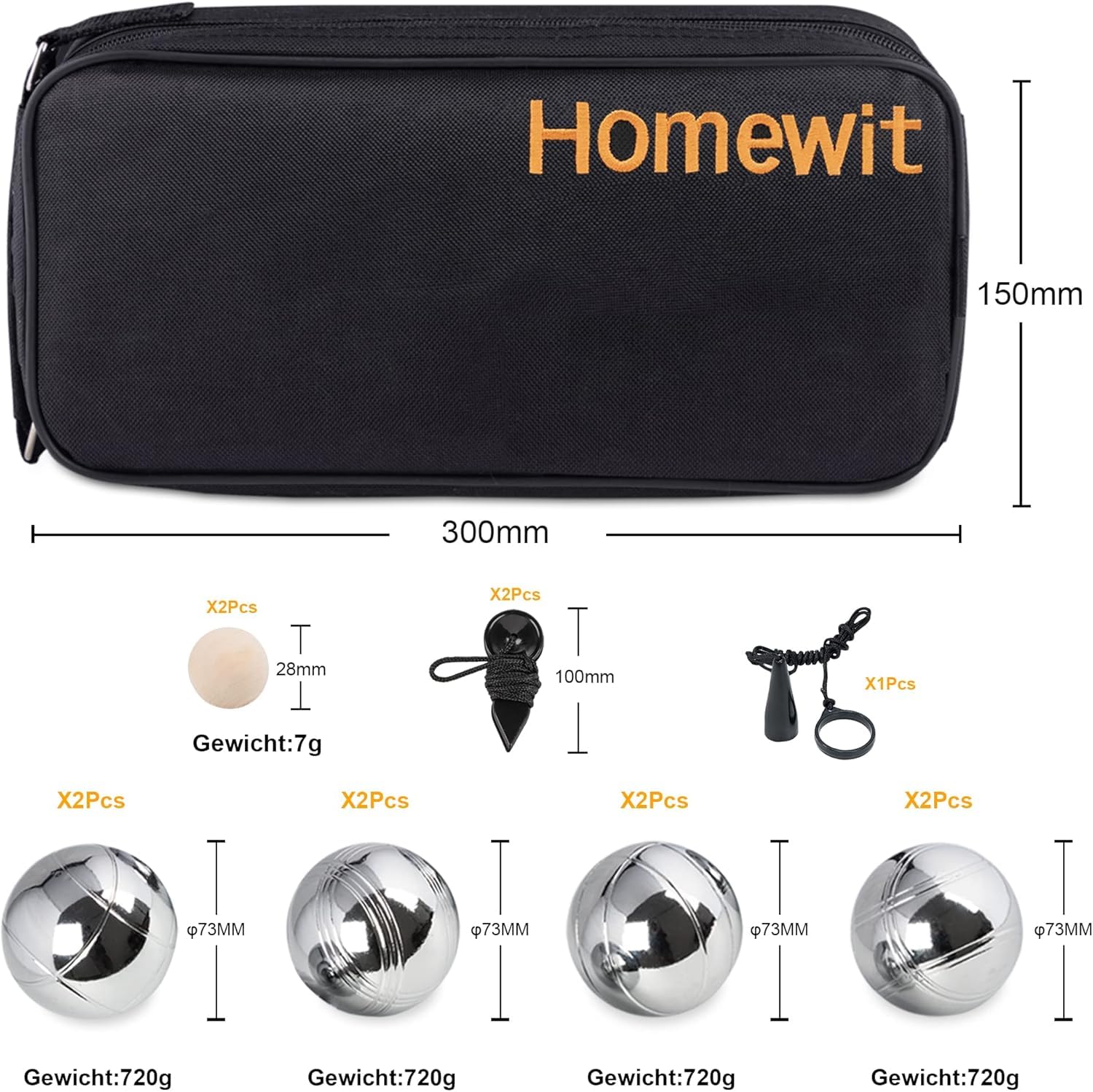 Homewit Boule Set mit 8 Metall Kugeln, Profi Boccia Kugeln mit Tragetasche, Petanque Set für Erwachsene, Gartenspiel Outdoor für Familie, Strand, Camping & Freizeit