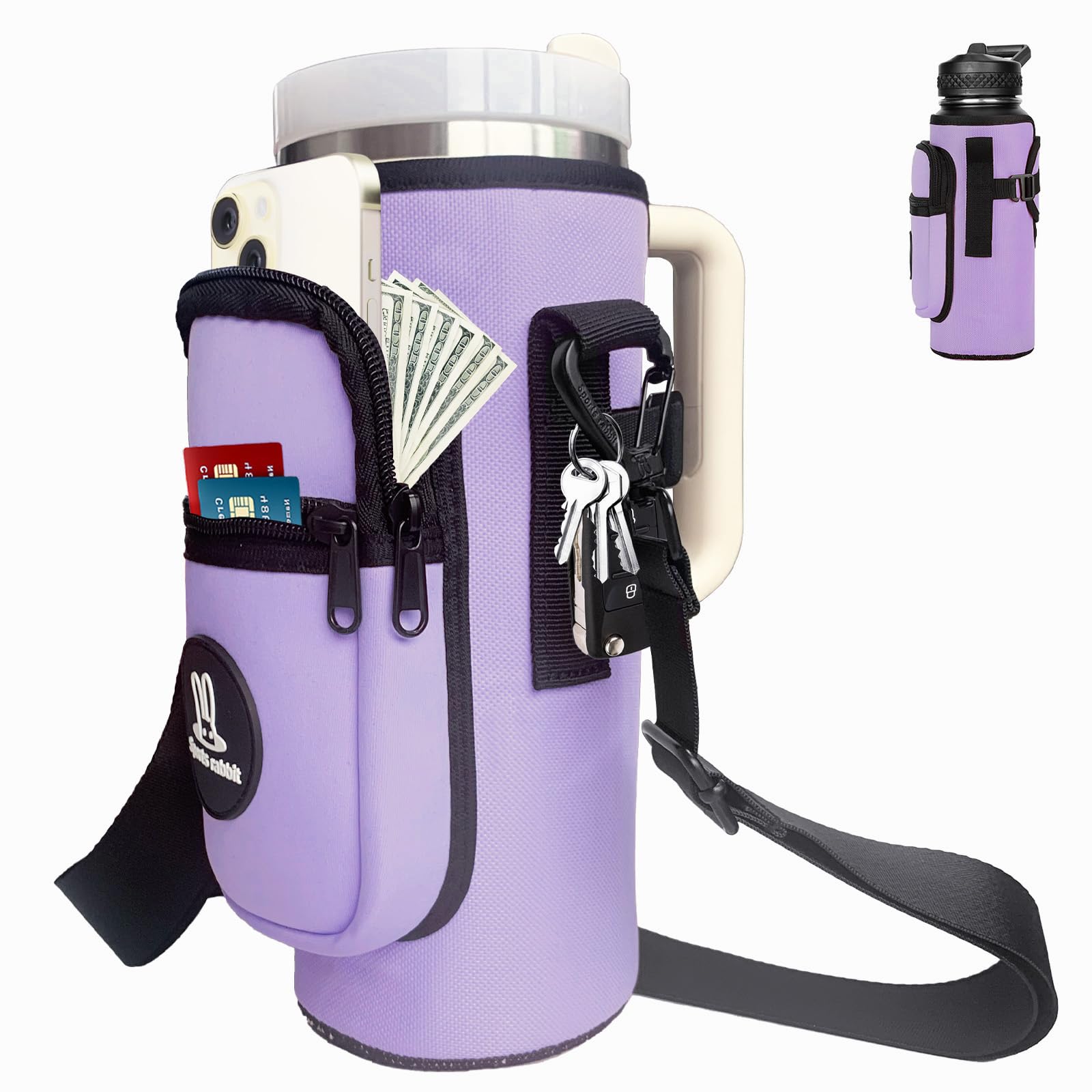 Sports rabbit Universal Water Bottle Holder – Compatible with Stanley 40oz Handle & Straight Bottles – Large Phone Pocket, Adjustable Strap for Work, Office, Gym, Outdoor, Camping