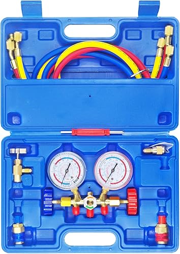 JIFETOR Juego de manómetros de colector de CA de 3 vías, herramienta de carga de refrigerante de diagnóstico HVAC para refrigerante R404A R134A para