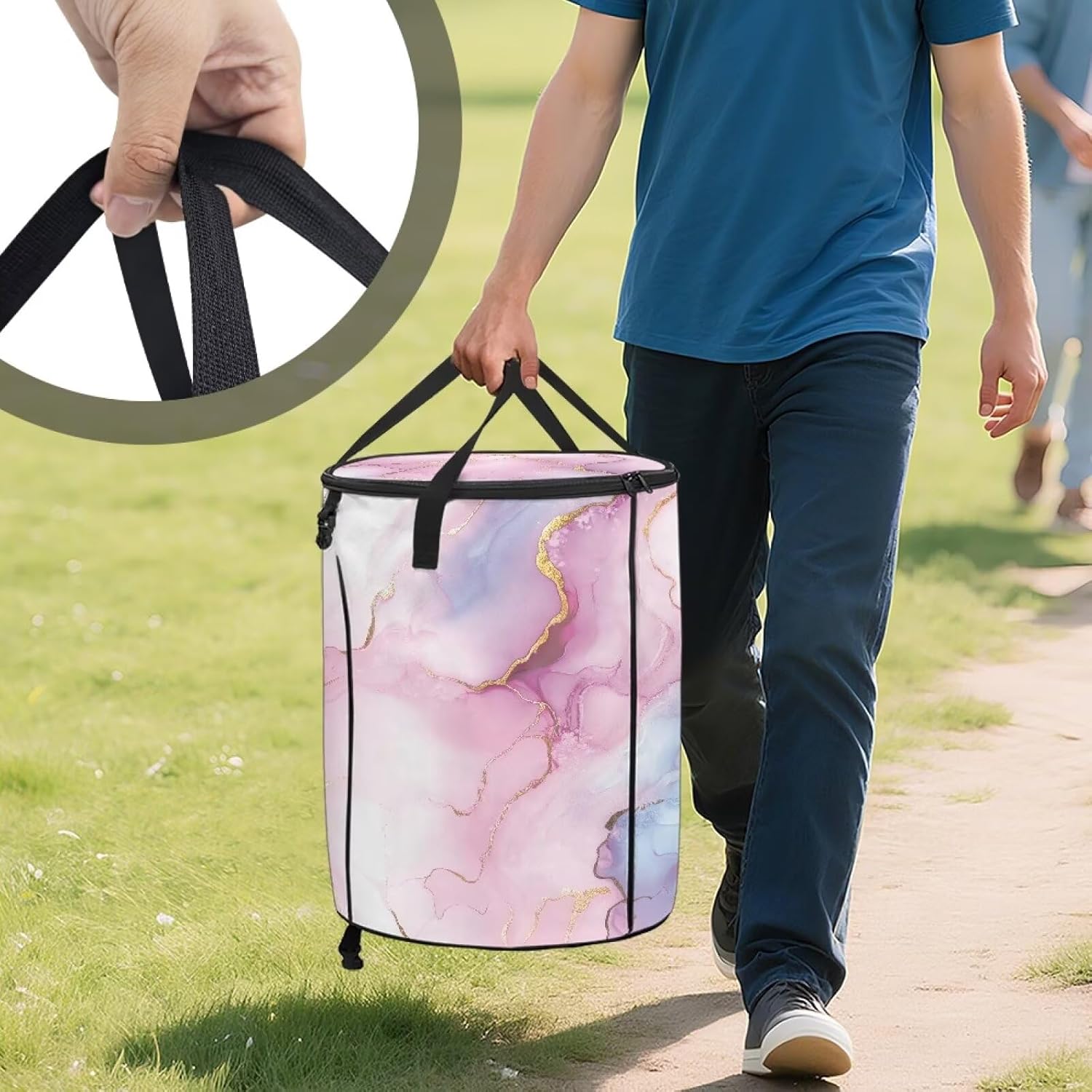 Pink Marble Bathroom Trash Can with Lid Fashion Foldable Trash Cans for Camping 20 Gallon Outdoor Garbage Cans for Patio Waterproof