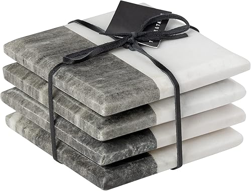 Torre & Tagus Juego de 4 posavasos de mármol, posavasos blancos y grises