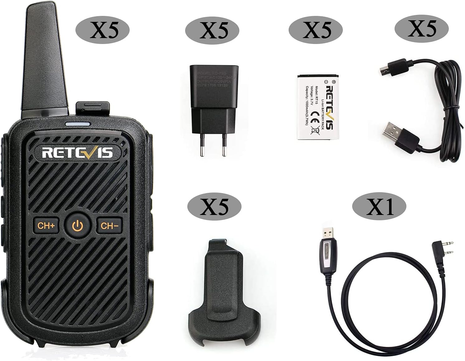 Diagram showing the Retevis RT15 walkie talkie and its included accessories: power adapter, battery, USB cable, belt clip, and an optional programming cable.