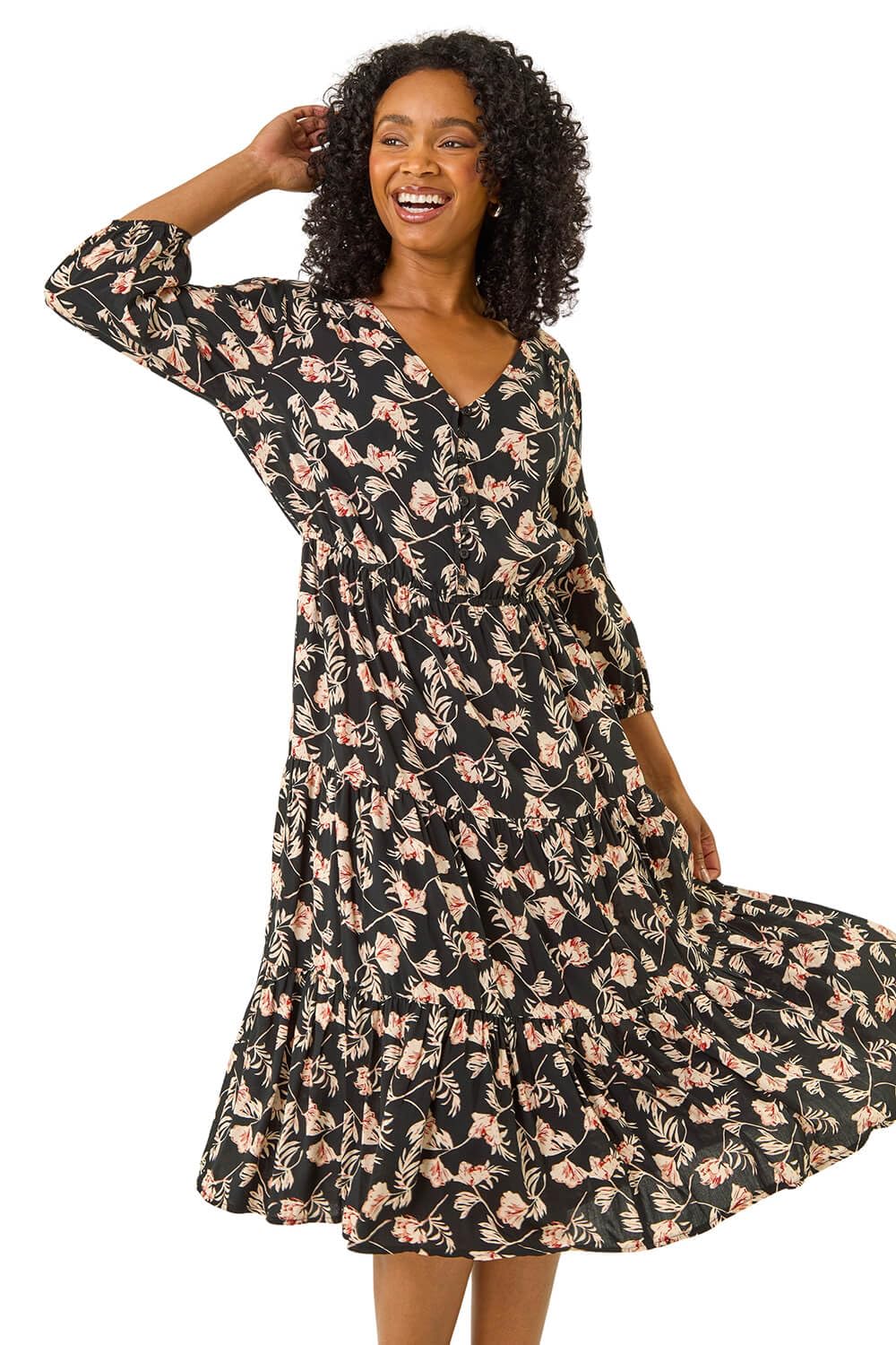 Roman Women's Black Petite Floral Tiered Midi Dress In Size 14