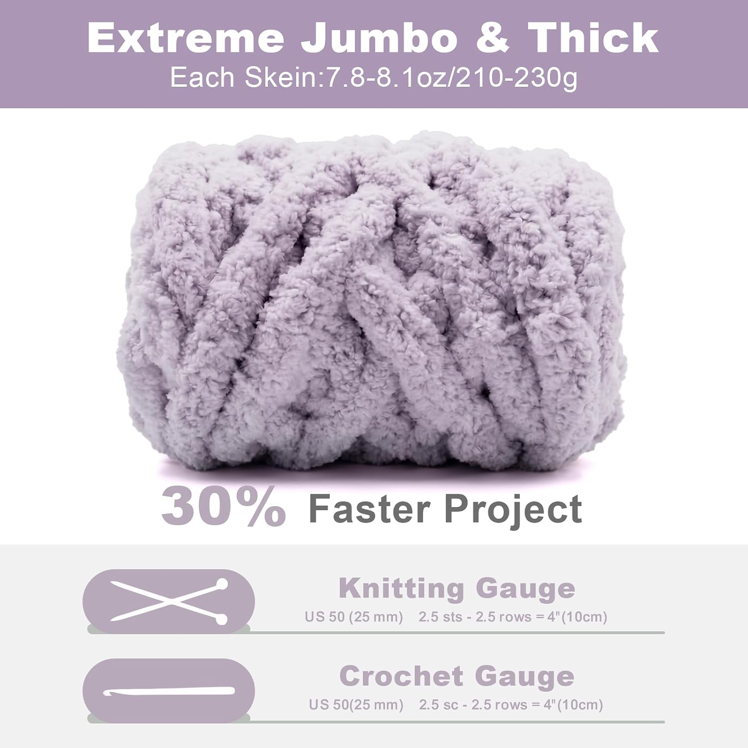 Chunky Yarn for Hand Knitting - #8 Chunky Chenille Yarn, Thick Fluffy Chunky Knit Blanket Yarns, Chunky Yarns for Crocheting & DIY Crafts, 8 Skeins (Lavender Fog) thumbnail