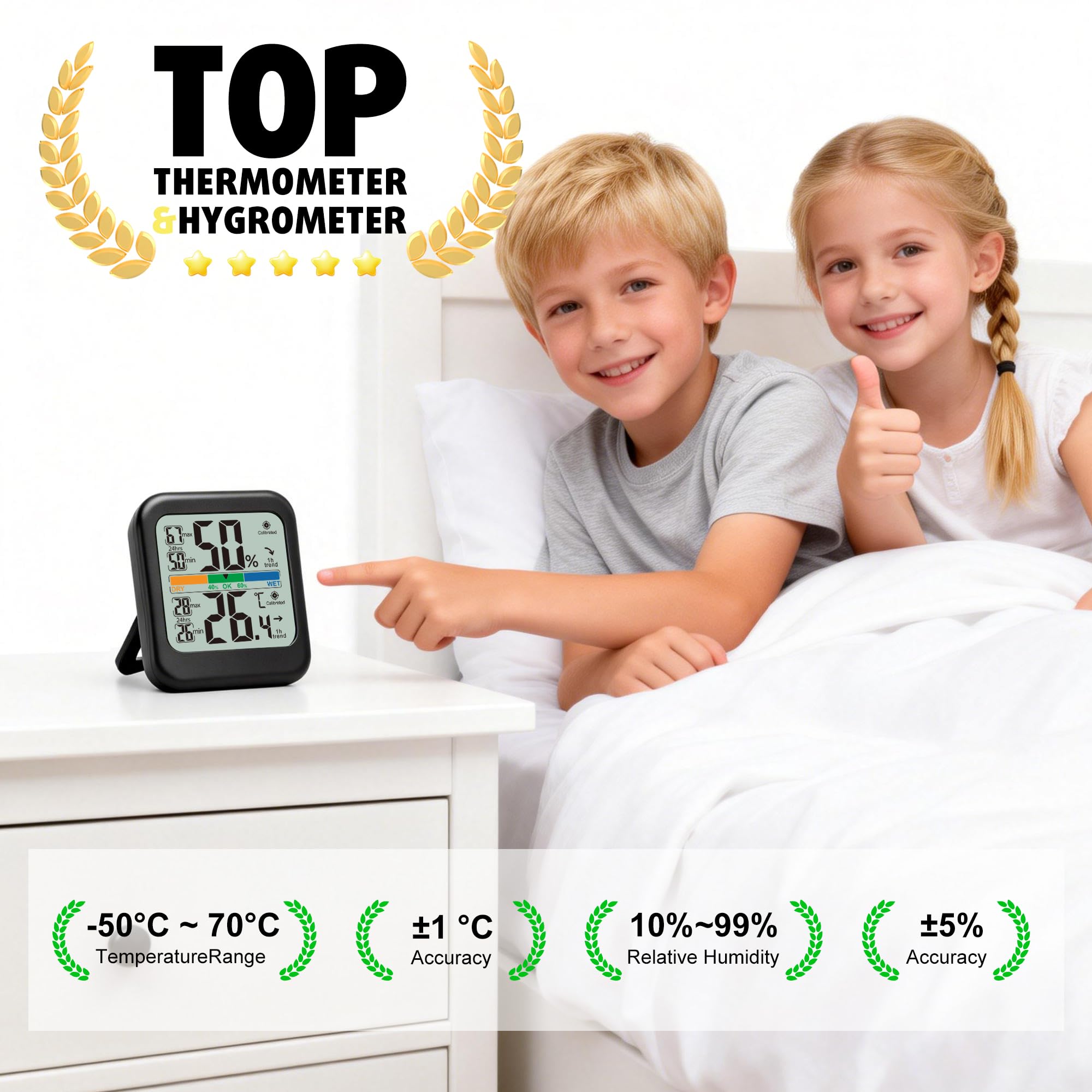 G.CATACC Raumthermometer, Digitales Hygrometer mit Max/Min-Aufzeichnung, Temperatur- und Luftfeuchtigkeitsmonitor Für Zuhause, Kinderzimmer, Gewächshaus, Reptilien - Batterie Inklusive