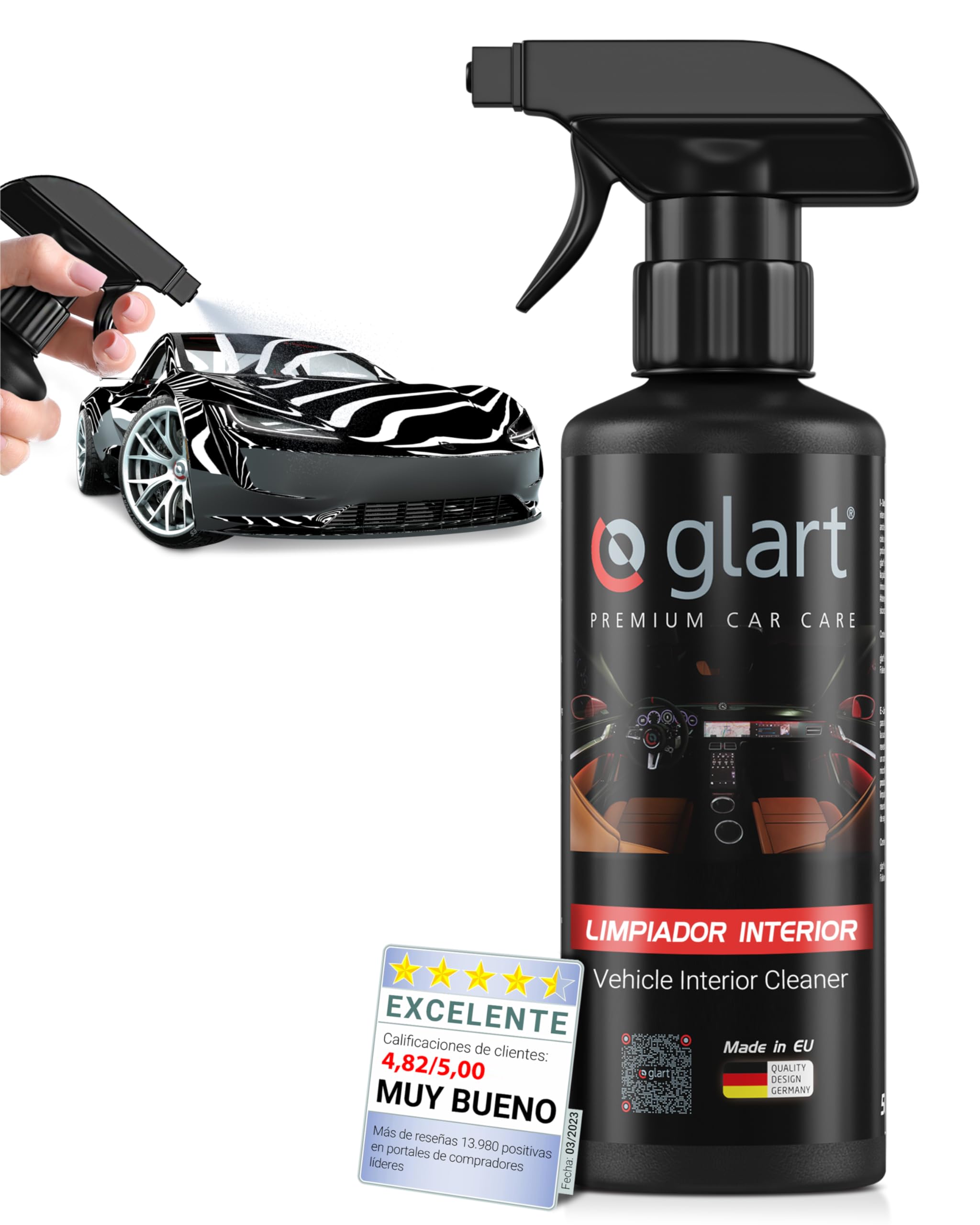 Glart 3x limpiador interior de coche 500 ml + 3 paños de microfibra para el habitáculo del coche, tapicería, cuero, limpiador interior, cuidado del coche