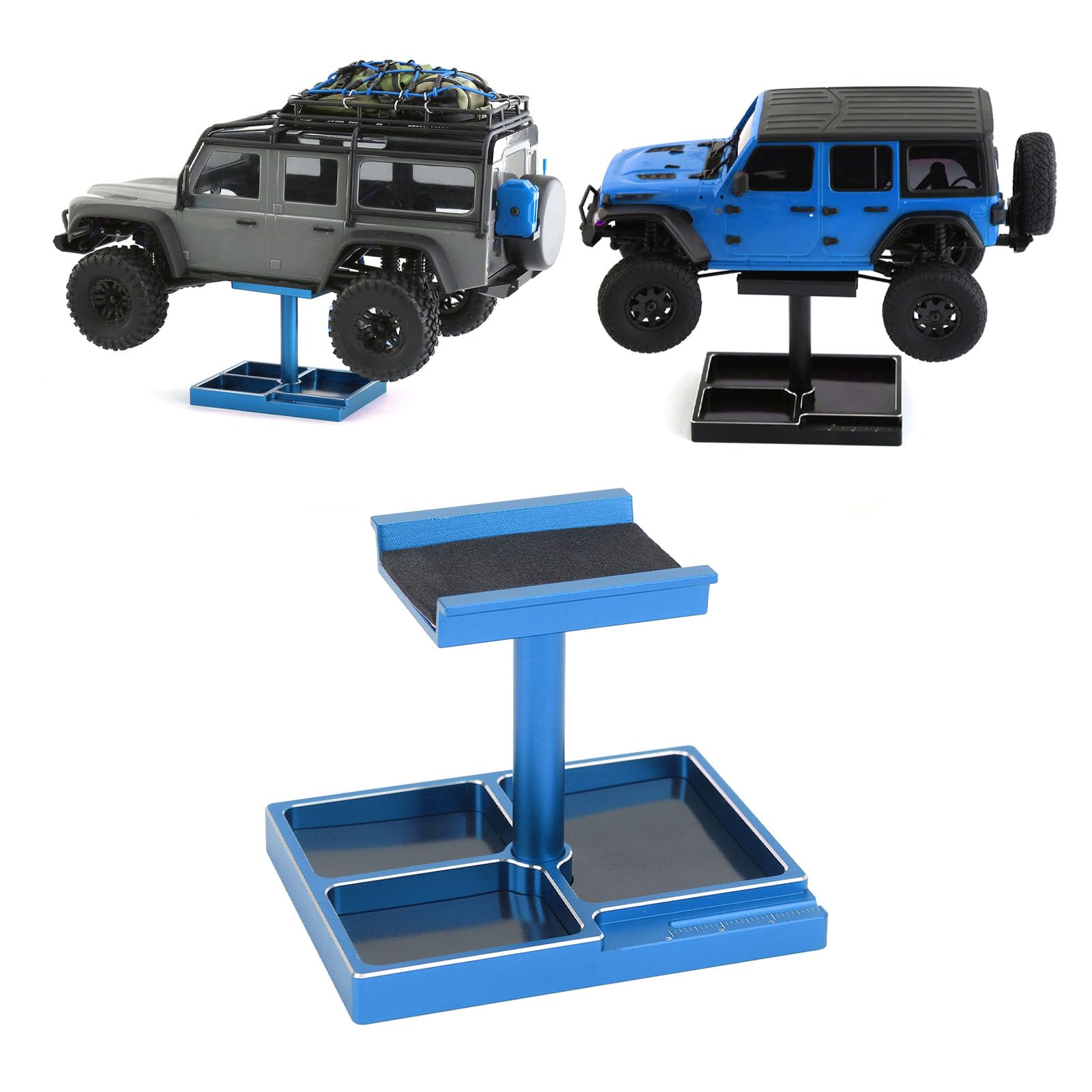 equlup RC Car Repair Work Stand, Aluminum Alloy RC Repair Workstation Kit with Magnetic Screw Trays for 1/18 1/24 FCX24 SCX24 Remote Control Car (Blue)