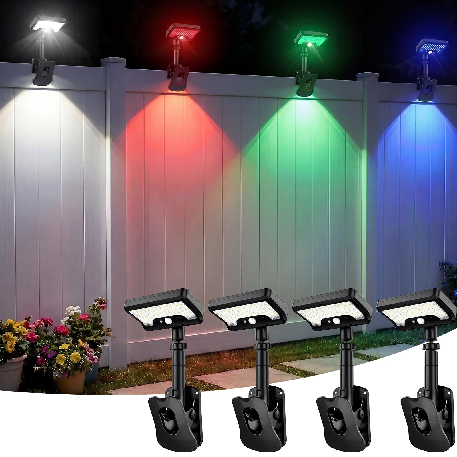Photo 1 of 4 Color Solar Clip on Lights Outdoor,RGB Color Motion Sensor Outdoor Lights, 92 LEDs 360°Rotatable & Vertically Adjustable Solar Fence Lights,Security Lights for Fence, Deck, Gutter (4Pack /RGB/6000K)