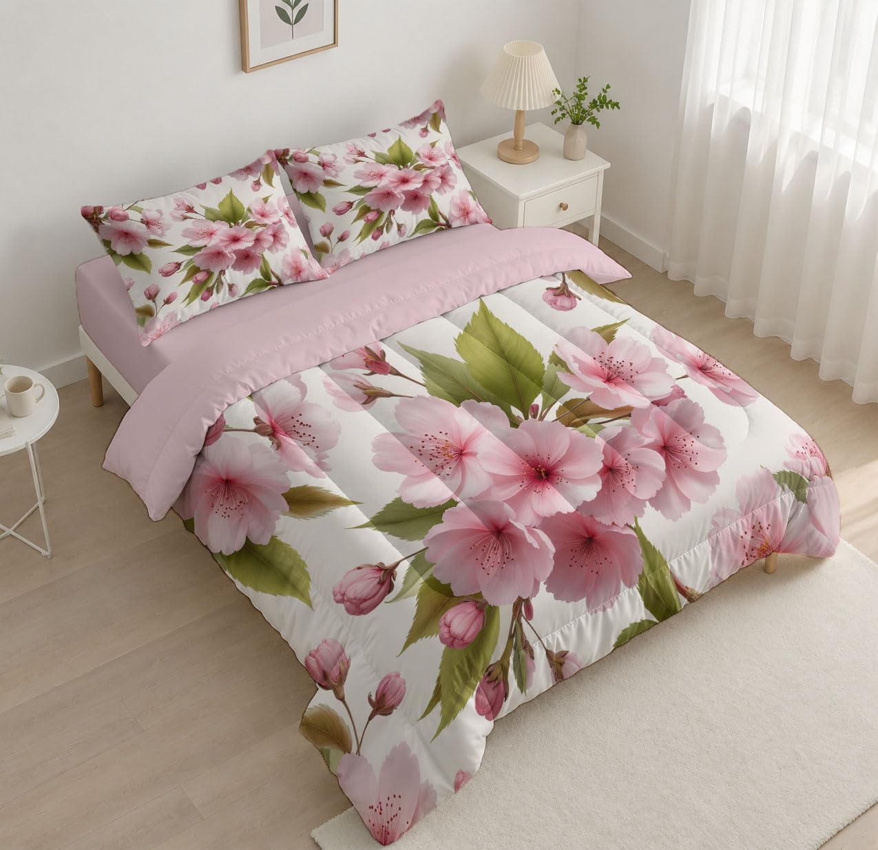 Spring Flowers Comforter Set Queen Size, Cherry Blossom Branches and Leaves Bedding Set for Girls Boys, Pink Quilt Bed 90"X90" Bedding Comforter Sets with 2 Pillowcase Room Decor