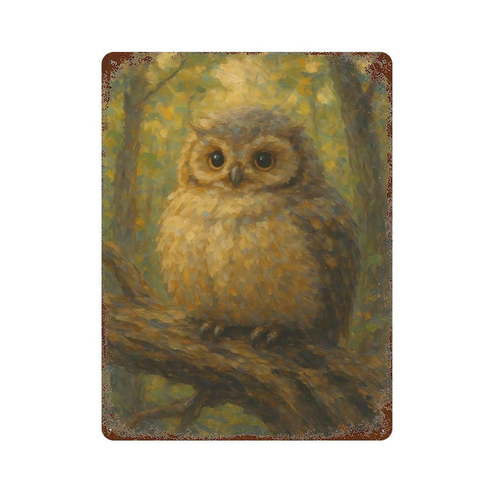 Owl Perched on Branch Painting 15.7"x11.8" Aged Metal Wall Plaque, Retro Wall Decor for Farmhouse, Kitchen And Entryway Decor