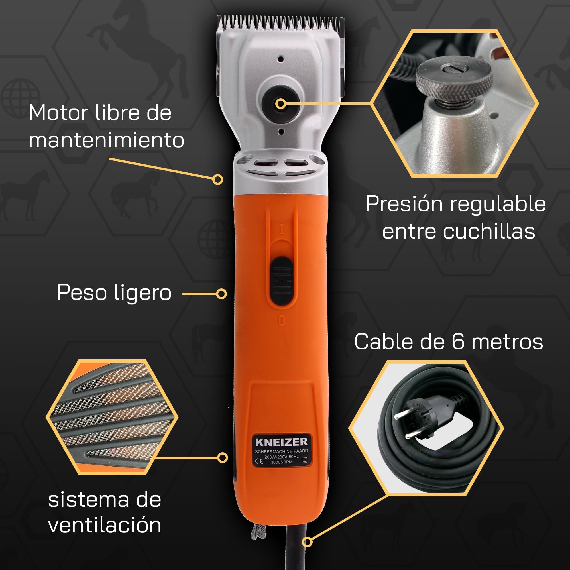 Máquina de Esquilar Caballos KNEIZER – Kit Completo con Accesorios – Cuchillas Intercambiables – Silenciosa y con Baja Vibración – Para Todo Tipo de Pelaje y Zonas del Cuerpo – Sin Mantenimiento