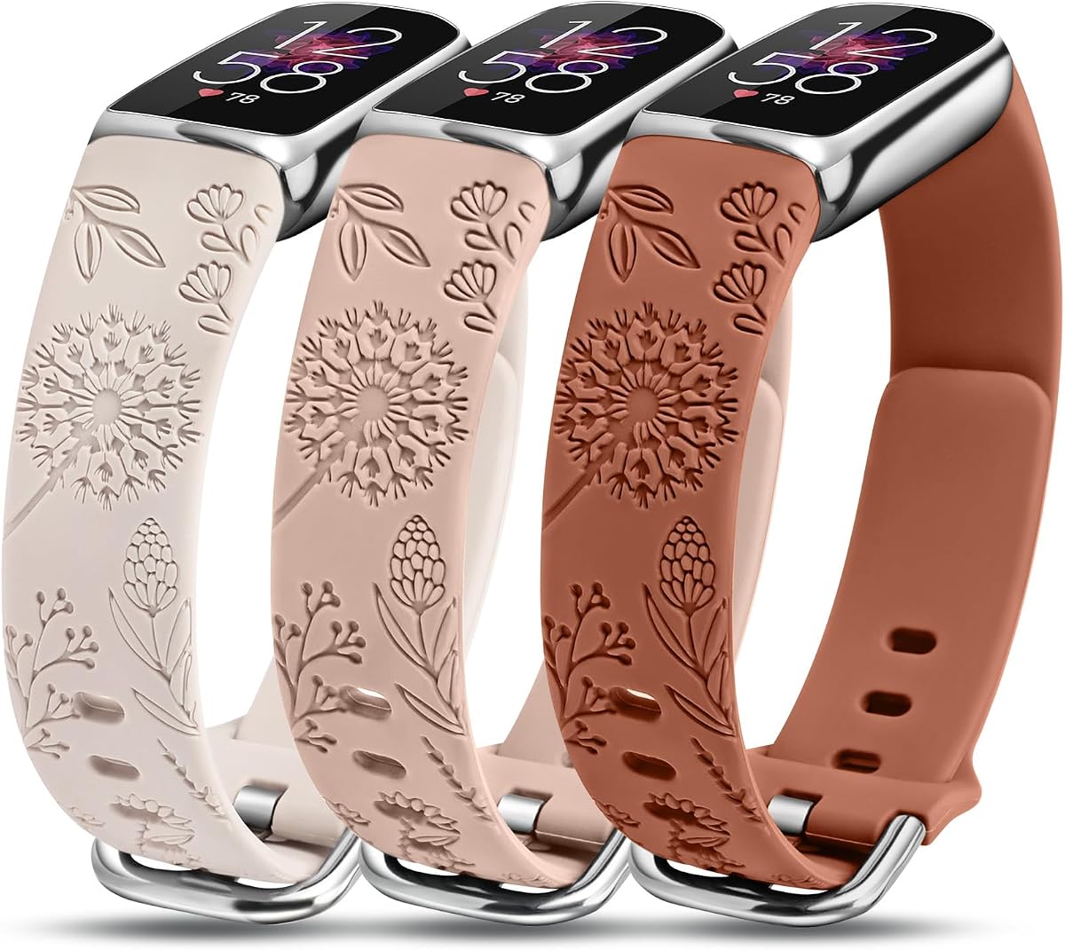 3 Packs Compatible with Fitbit Luxe Bands for Women Soft Silicone Floral Engraved Sport Strap Dandelion Wristband Replacement for Fitbit Luxe Watch Bands/Luxe Special Edition Fitness Tracker