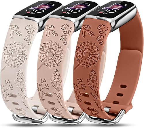 Miniatura 11 de Minyee Paquete de 3 correas compatibles con Fitbit Luxe para mujer, de silicona suave, con grabado floral, correa deportiva de diente de león,