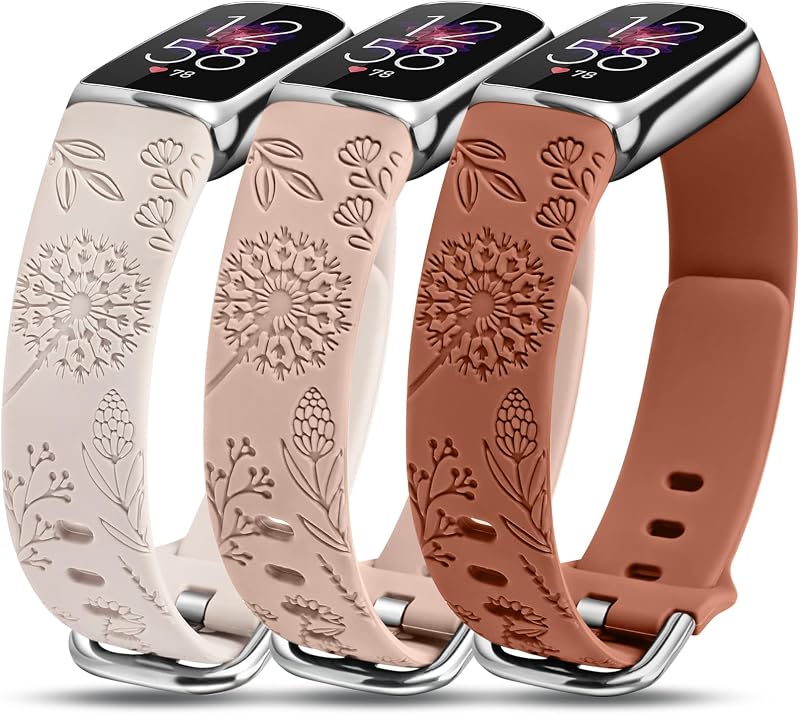 3 Packs Compatible with Fitbit Luxe Bands for Women Soft Silicone Floral Engraved Sport Strap Dandelion Wristband Replacement for Fitbit Luxe Watch Bands/Luxe Special Edition Fitness Tracker