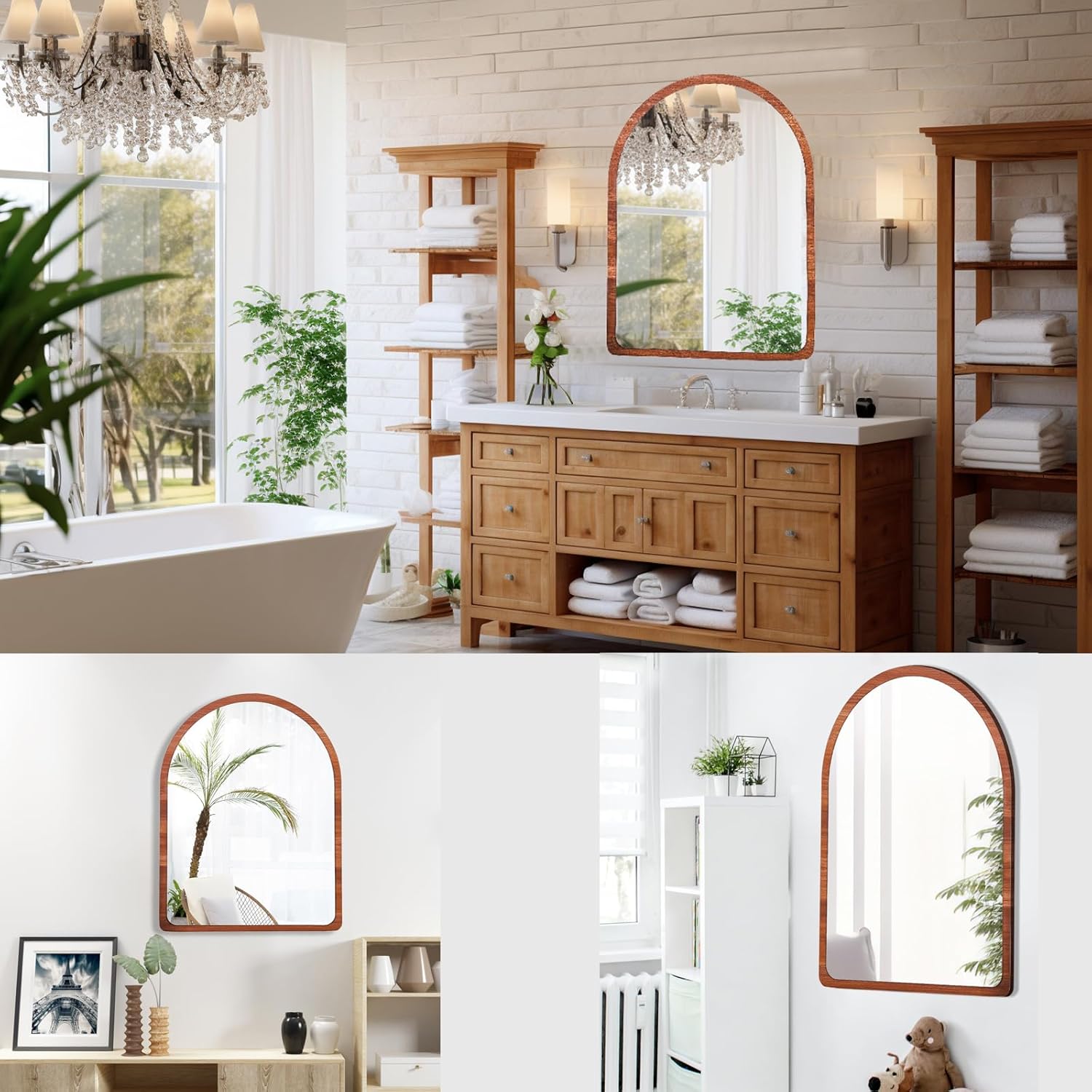 Large Arched Mirror Vanity Mirror Wall Decor Arch Mirror Wooden Frame Wall Mounted Mirror for Bathroom Livingroom Bedroom Entryway(Walnut Color),23x18inch