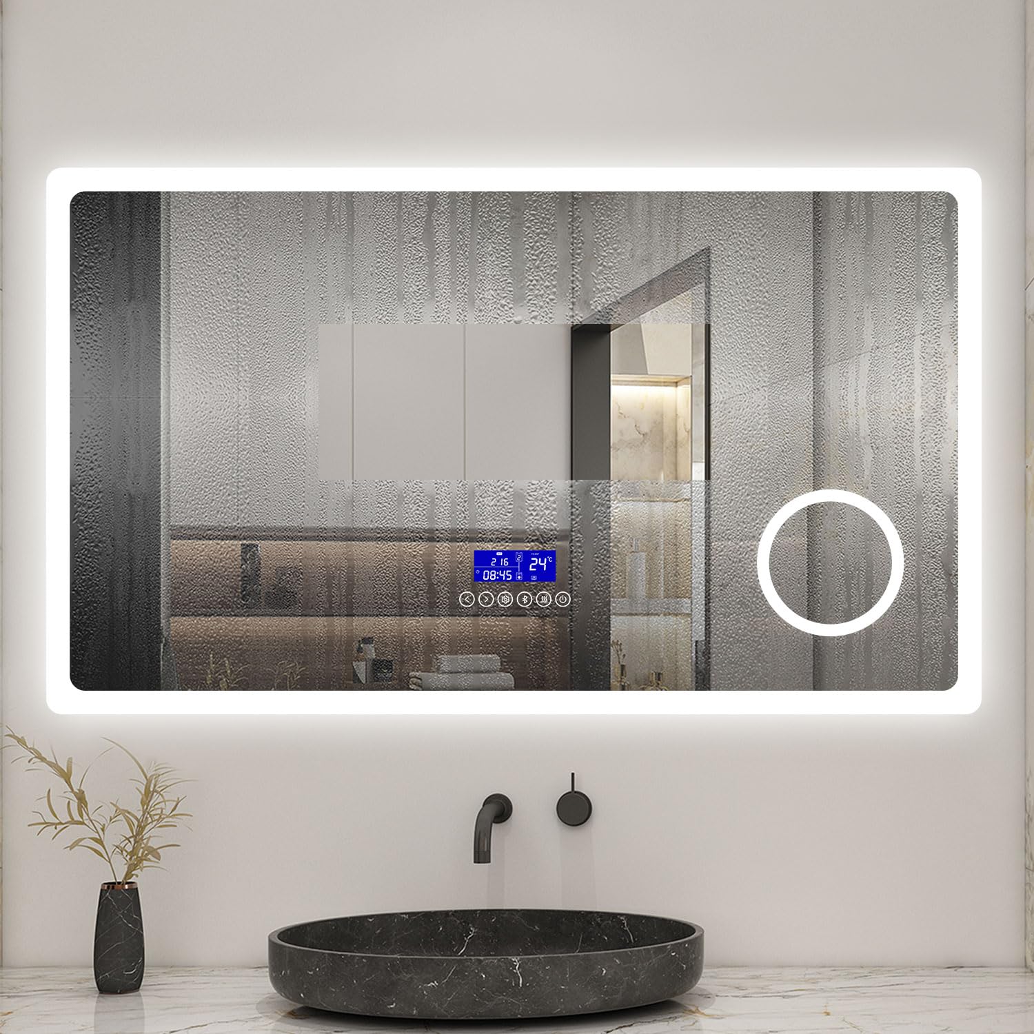 AICA Miroir Salle de Bain 120 x 70cm, Bluetooth + 3 Couleurs + dimmable + grossissant + Horloge + Anti-buée + mémoire, Miroir Lumineux
