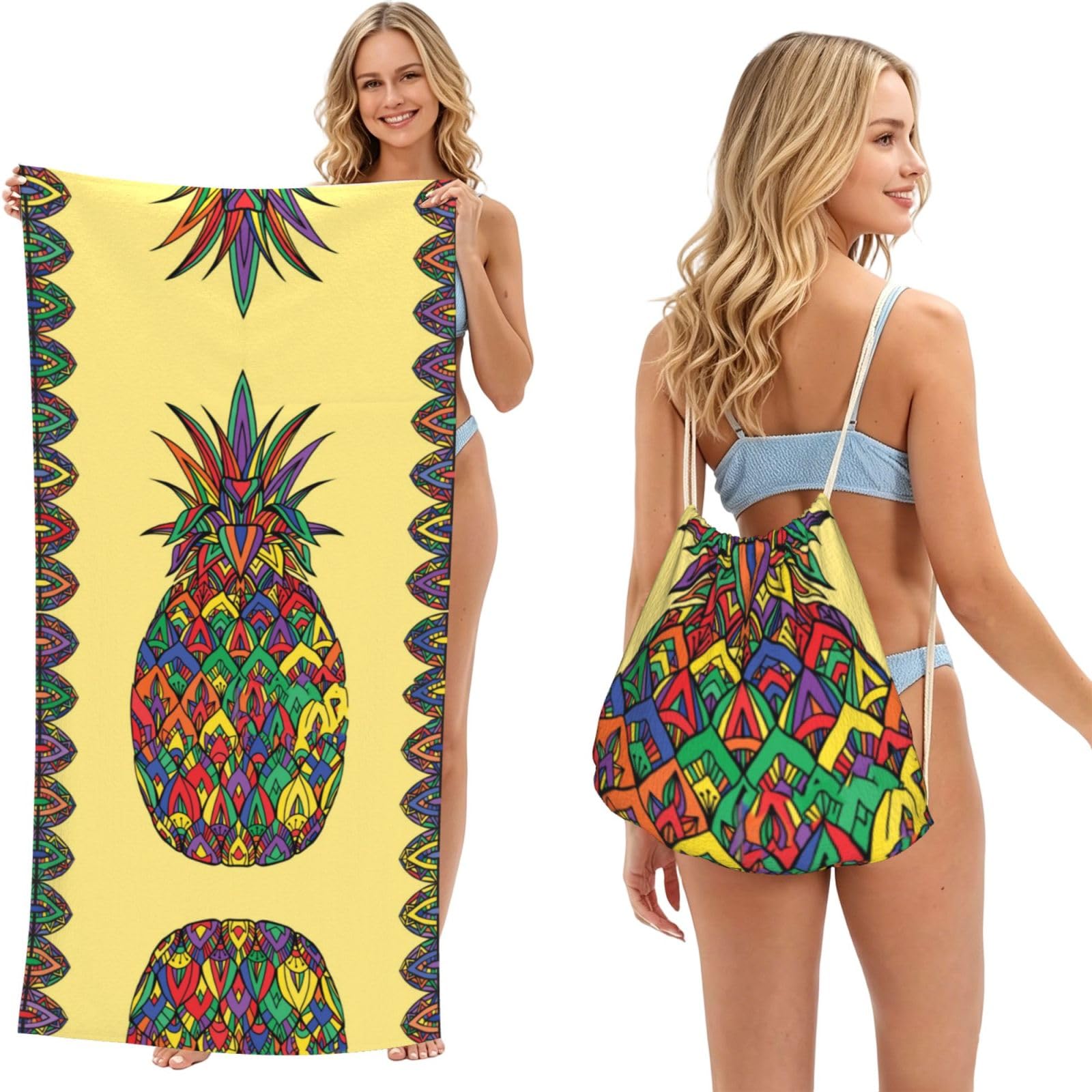 ESNAIUVCD Rainbow Pineapple Print Beach Towel For Adults,Towel With Drawstring Bag, Travel Pool Swimming Sports Shower Sand Free Quick Dry Bath Towel For Pool, Beach, Yoga- 180x60cm