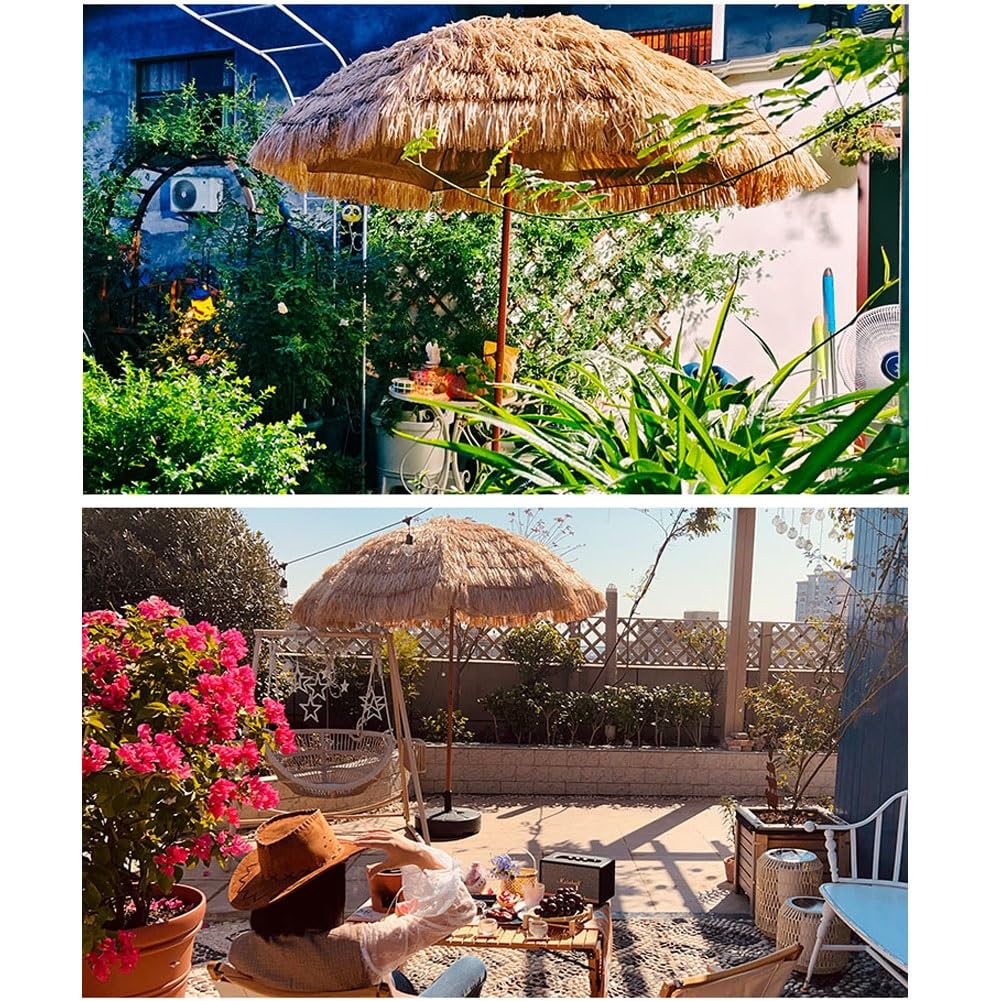 Parasol Plażowy Hawaiian Tiki 1.6m, Parasol Tarasowy Kryty Strzechą z Regulacją Nachylenia i 8 Wytrzymałymi Żebrami, Przenośny Parasol do Ogrodu, Podwórka, Przy Basenie