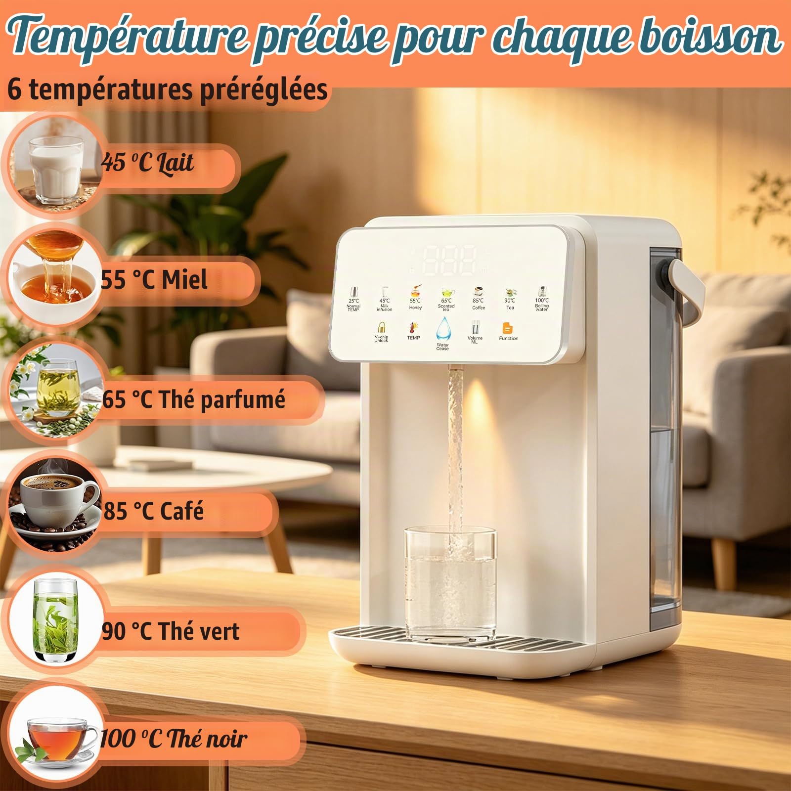 Distributeur d’Eau Chaude 3,5 L avec Ultrafiltration, Eau Chaude Instantanée en 3 s, 7 Niveaux de Température, 8 Volumes d’Eau, Sécurité Enfant, Économe en Énergie pour Thé, Biberon & Bureau