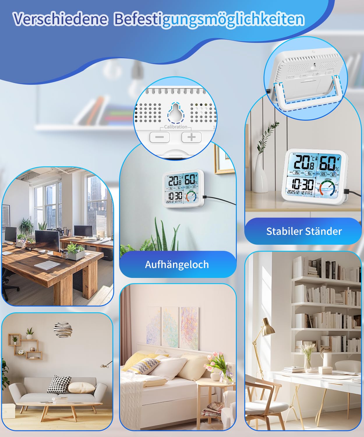 VOCOO 5.8" Digitales Raumthermometer und Hygrometer – LCD-Display mit Hintergrundbeleuchtung und Komfortanzeige, Max/Min-Speicher, Uhr und Kalender, zwei Stromversorgungsmöglichkeiten (USB/Batterie)
