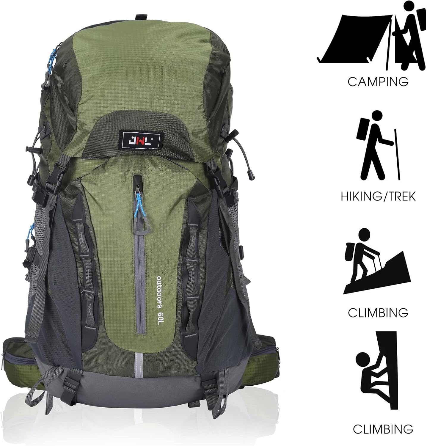 JWL Sports Waterproof Internal Frame Hiking Backpack 60L Travel Backpack Outdoor Daypack for Climbing Camping Touring Mountaineering Fishing