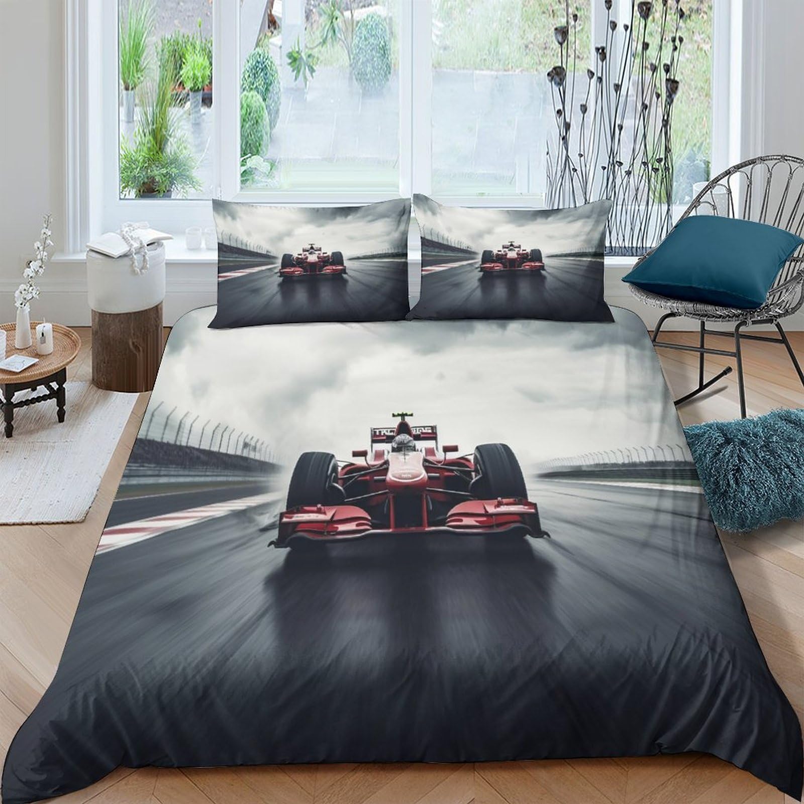 Formula da corsa Copripiumino 3D Stampa Digitale Corsa F1 Set Copripiumino 3 Pezzi Microfibra Morbido Con Cerniera E Federe Set Di Biancheria Da Letto Per Bambini Double（200x200cm）