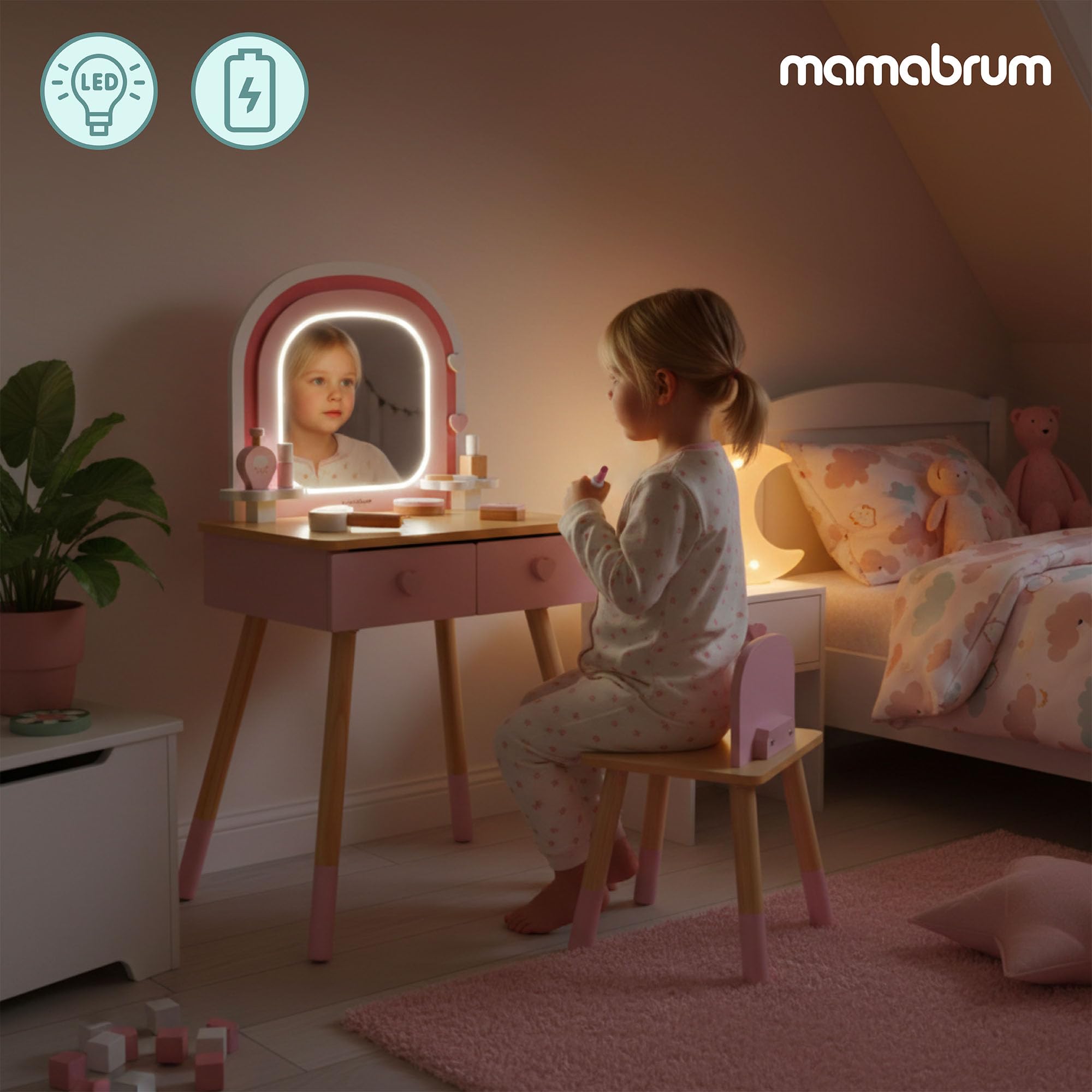 mamabrum Toeletta In Legno Per Bambini Con Specchio LED, Luce Regolabile, Sgabello E Accessori – Arredo Educativo E Creativo Ideale Per La Cameretta E Il Gioco Di Ruolo