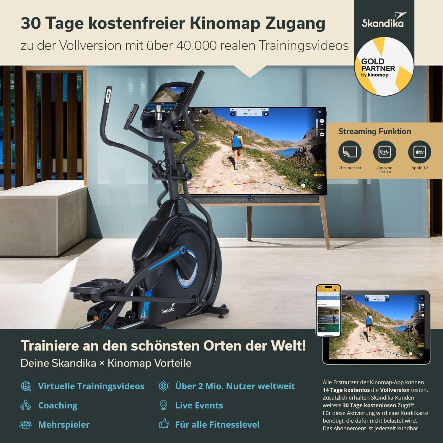 Skandika Orbitrek Carbon Conqueror, eliptyczny rower treningowy, 32 poziomy oporu, 31 programów, ekran LCD, Bluetooth, Kinomap, masa bezwładności 25 kg, regulacja wysokości, maks. 150 kg