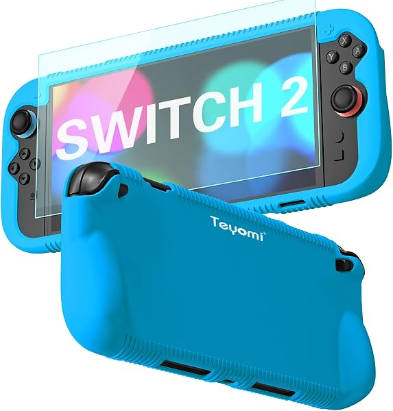 Teyomi Funda protectora de silicona compatible con Nintendo Switch 2, Carcasa para Nintendo Switch 2 con protector de pantalla de vidrio templado, Estuche con agarre ergonómico (Azul) - 1