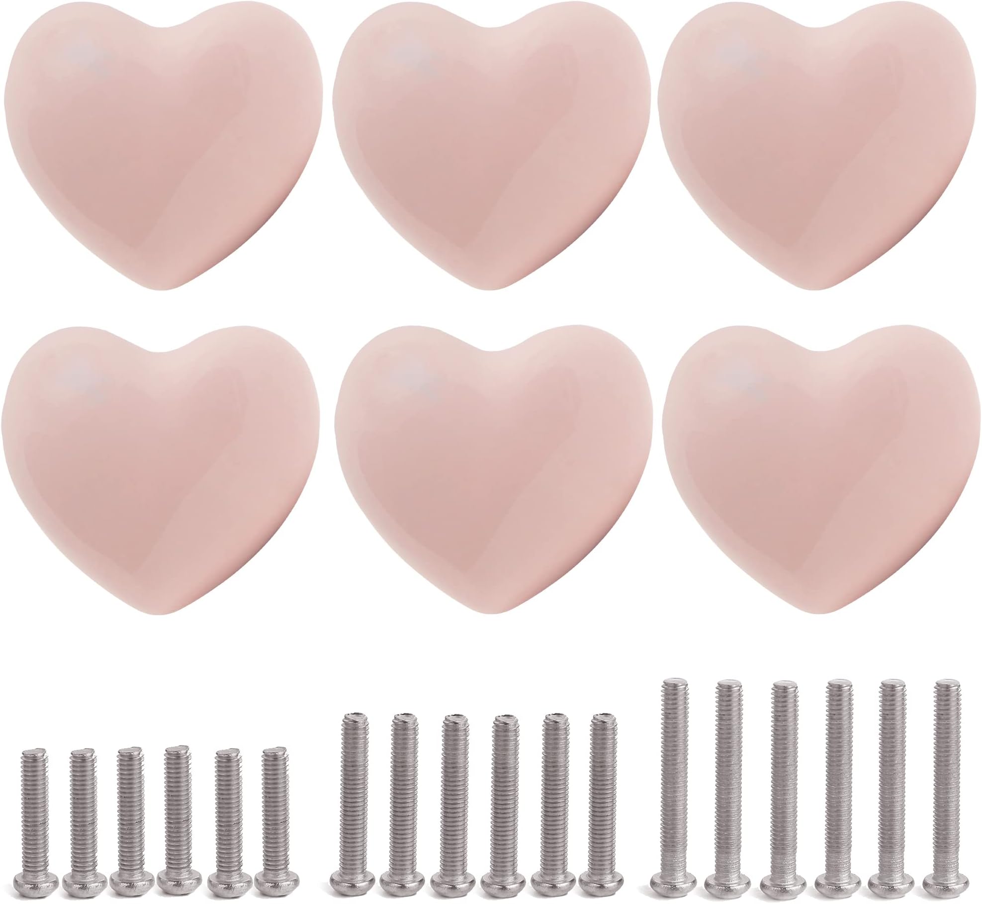 Ceramic Drawer Knobs Heart Shape Cabinet Dresser Pulls Handles with 3 Sized Screws, Kitchen Furniture Knobs for Closet Cupboard Wardrobe (6, Powder Pink)