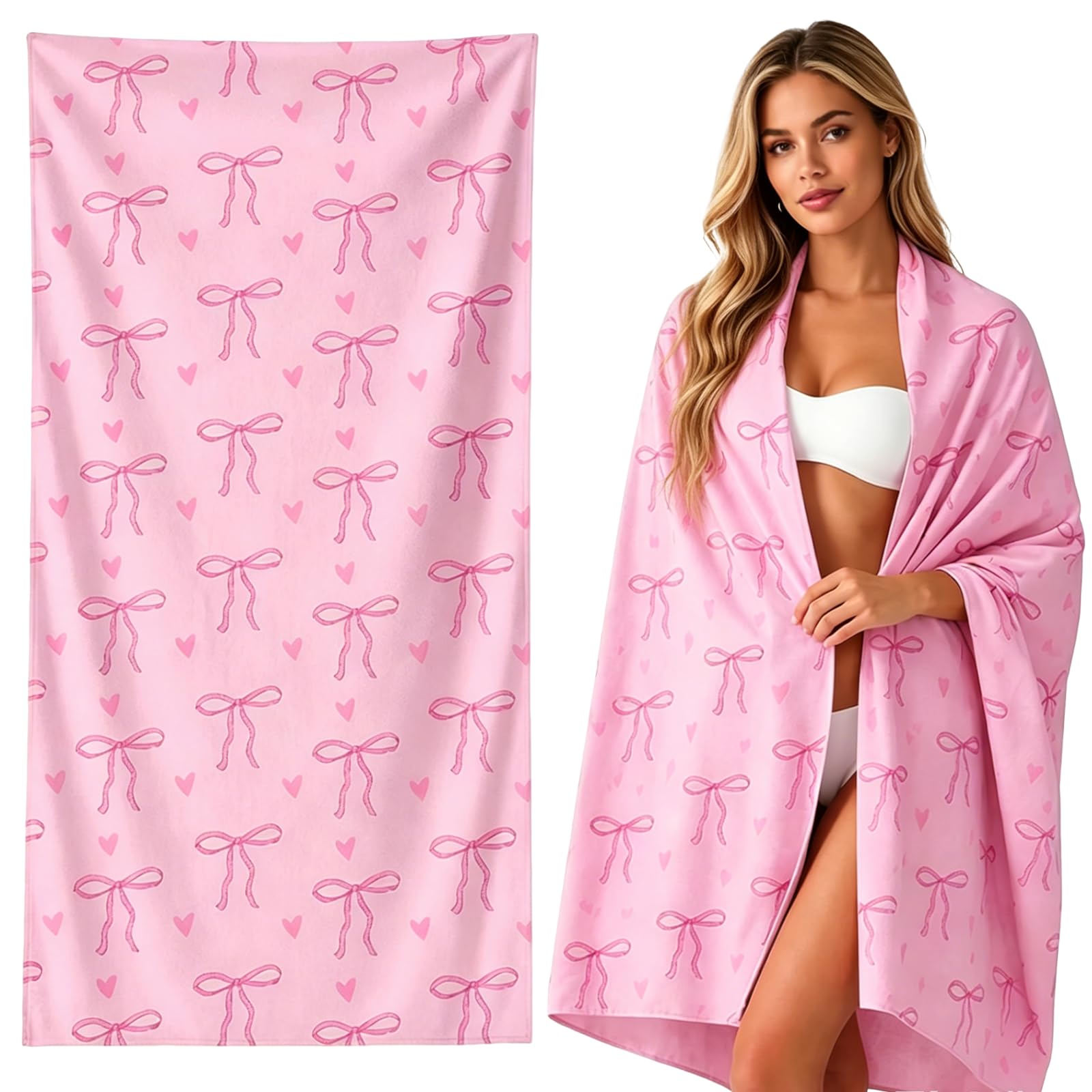 JBLJDWD 1Pcs Pink Throw, Soft and Cosy Bow Print Beach Towel, Lightweight and Absorbent for Outdoor Activities, Versatile for Picnics and Lounging, Single Piece with Elegant Design